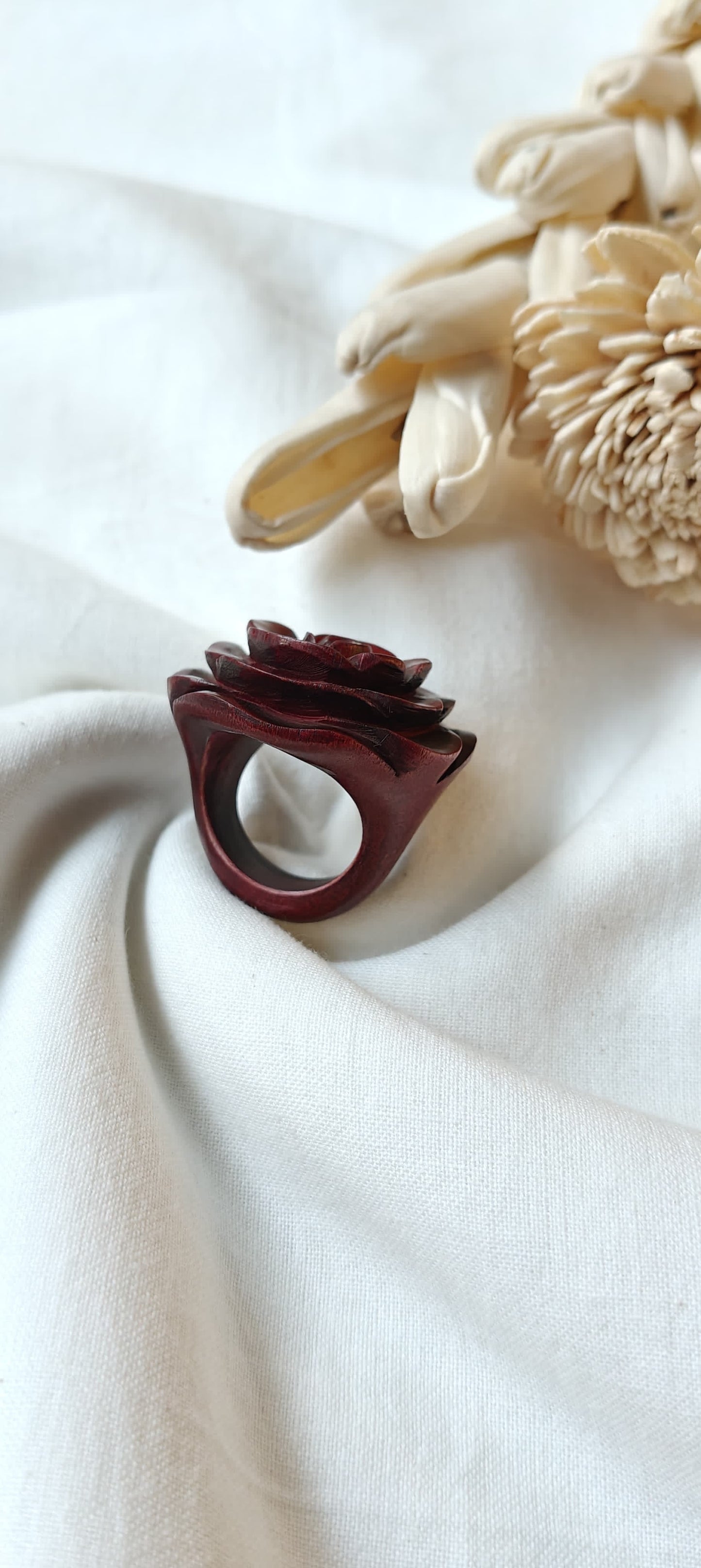 Rose hand carved finger ring in yellow wood - color options available