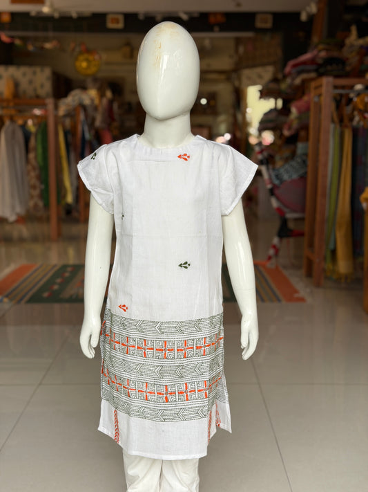 White cotton straight cut Kurti for girls with orange and green Kantha hand embroidery