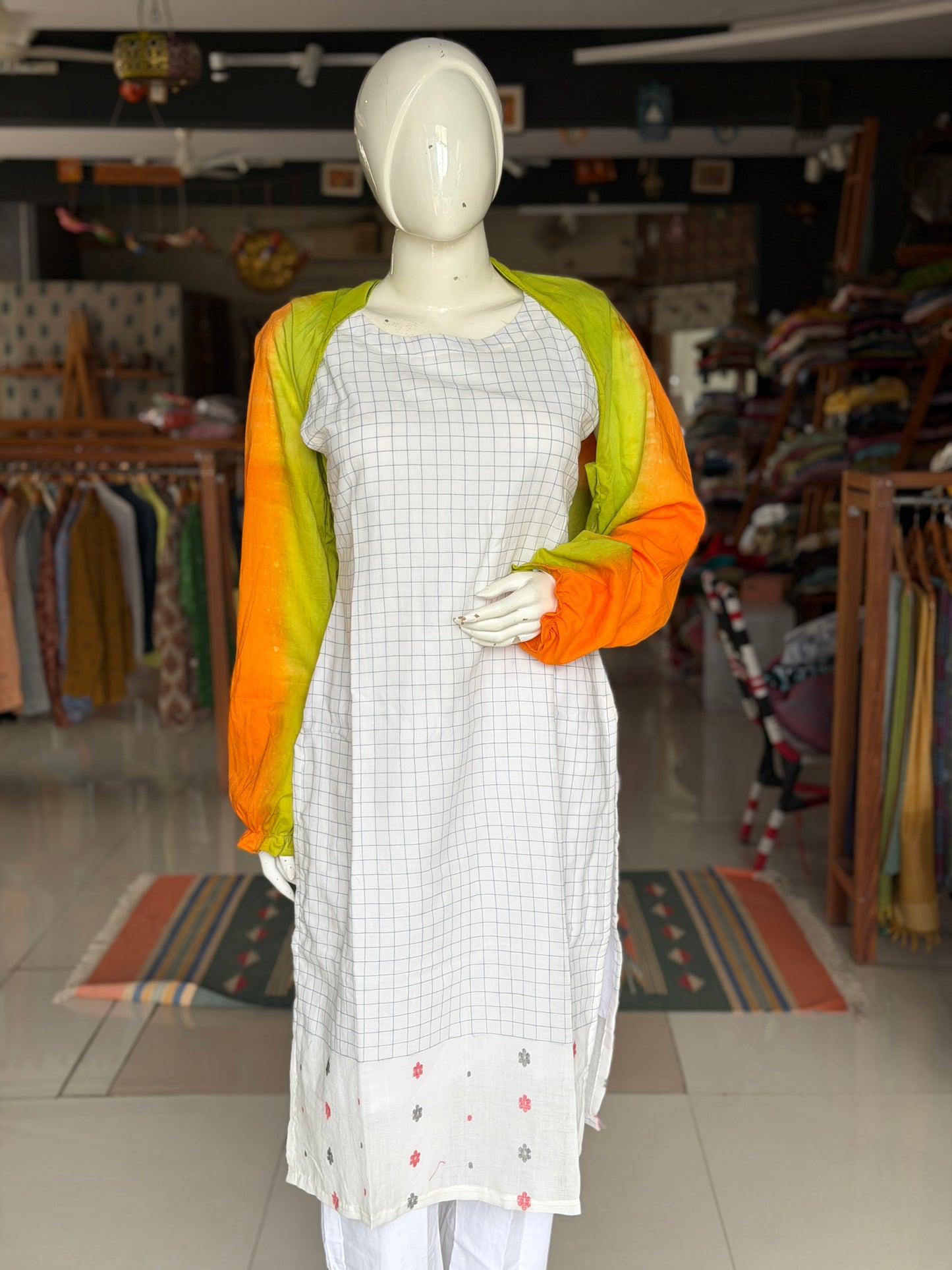 Saffron orange and green tie dye hand crafted cotton short shrug with full sleeves