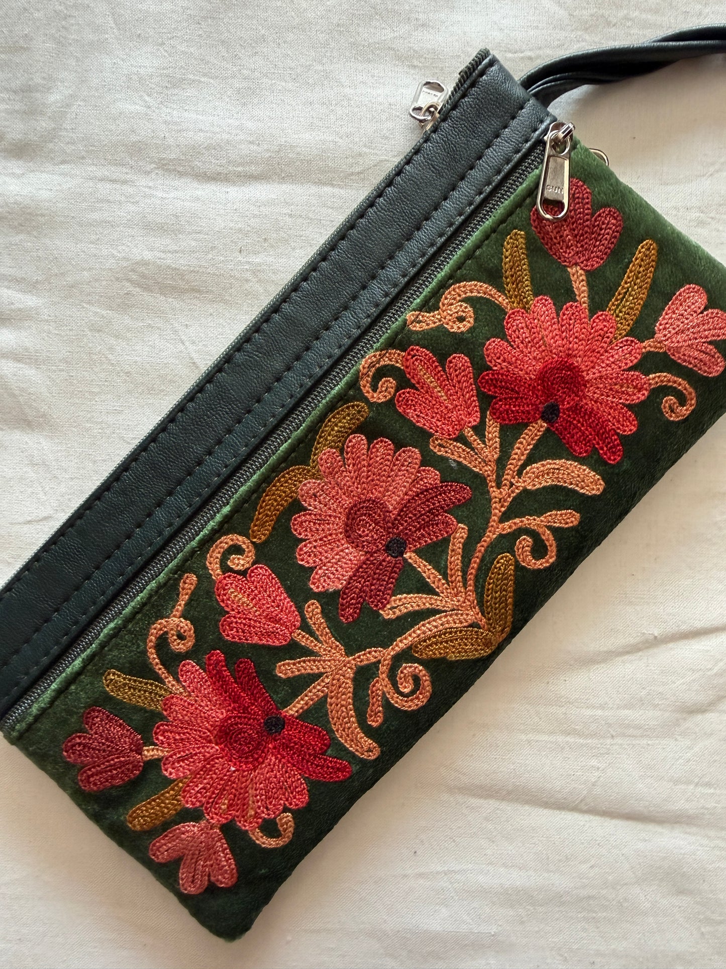 Wristlet pouch with Kashmiri floral Aari embroidery - 3 zippers - color options available