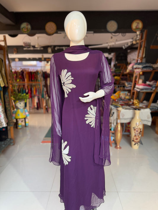 Purple cut dana embroidered Georgette long dress with cape sleeves and stole - party outfit