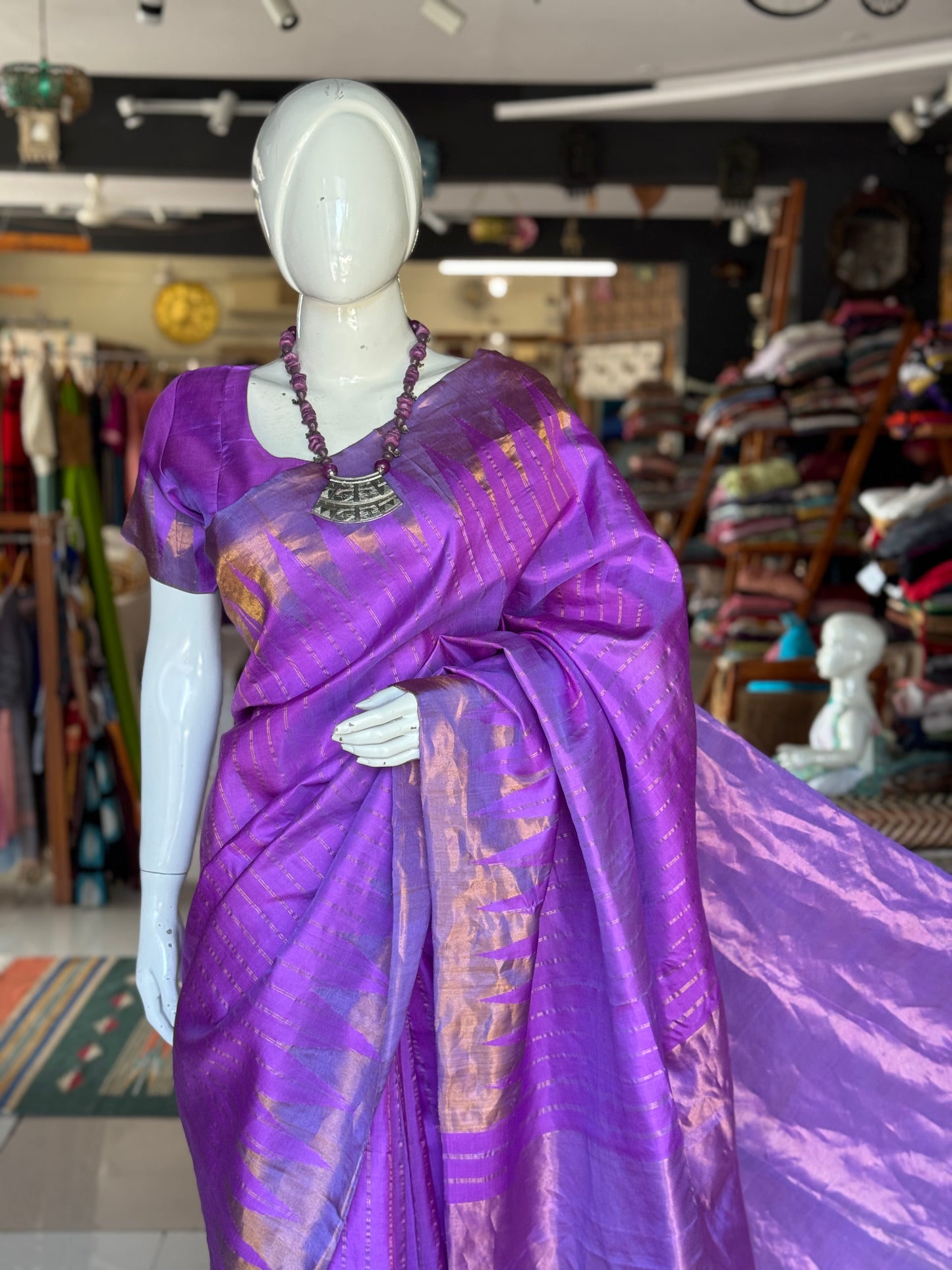 Lavender pure silk handwoven Gadwal saree with zari kuttu temple border