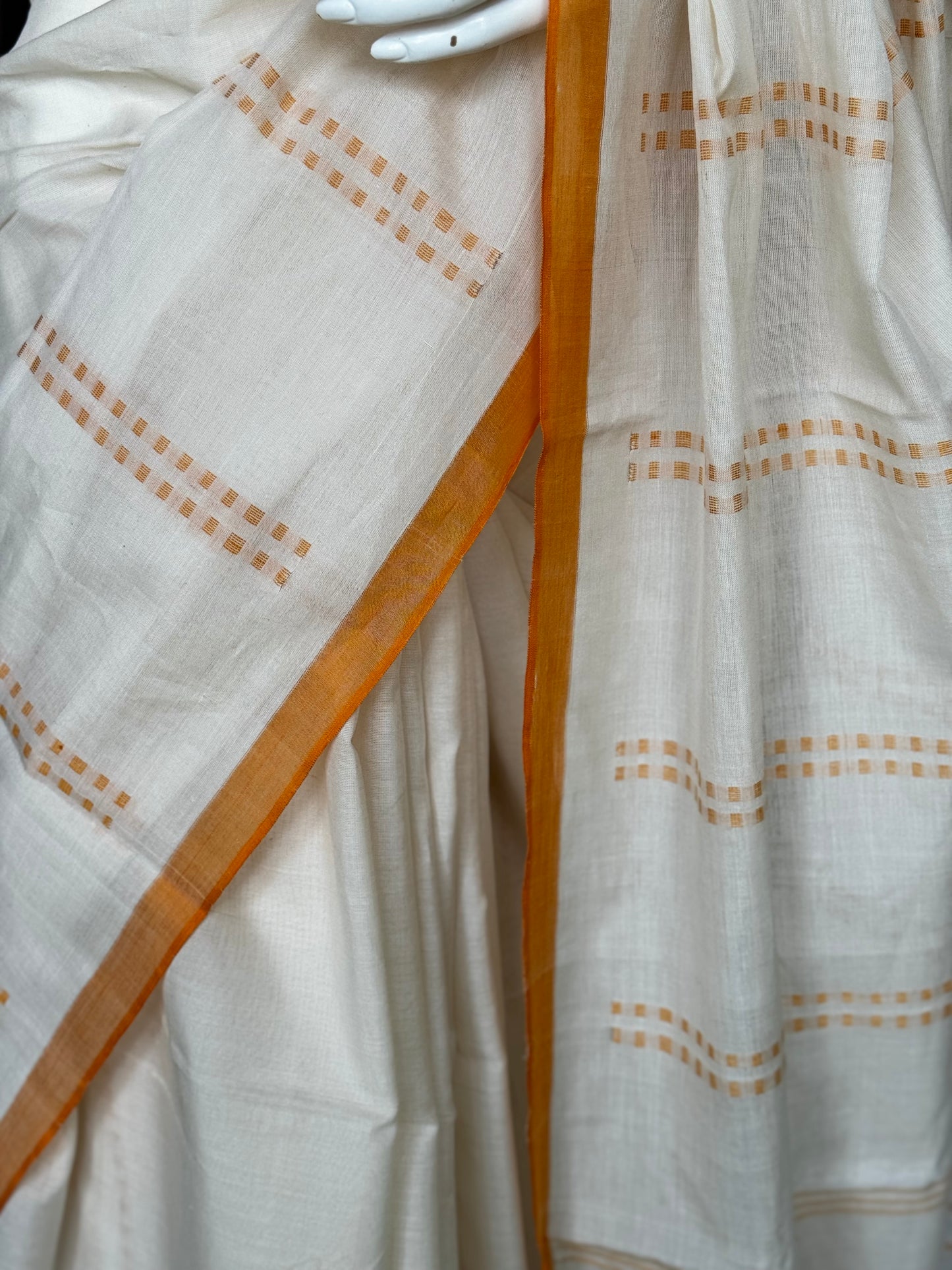 Cream pure soft cotton Kodiyala handloom saree with rust orange square butis