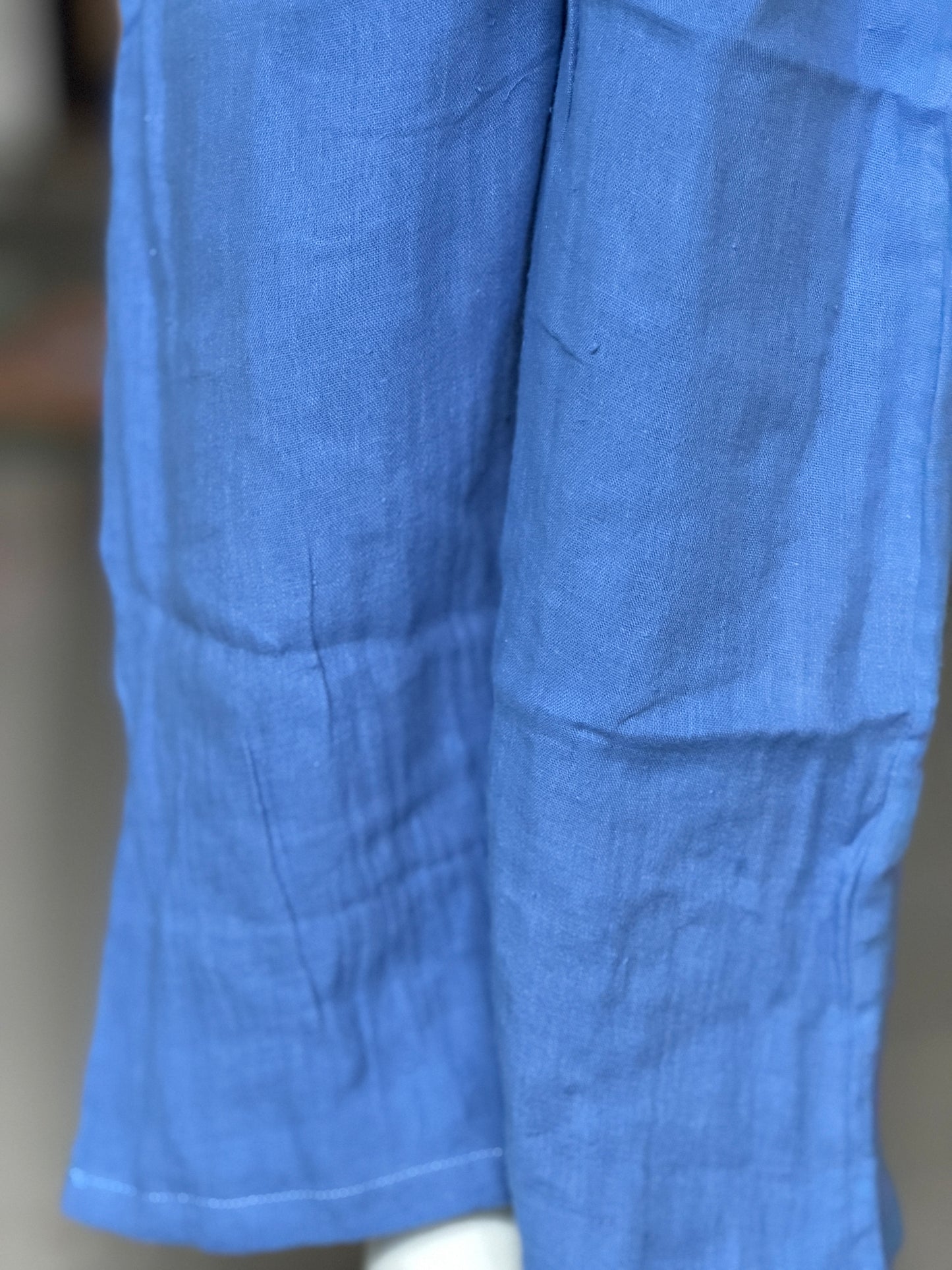 Blue crop top pant coord set in double cotton fabric with puff sleeves