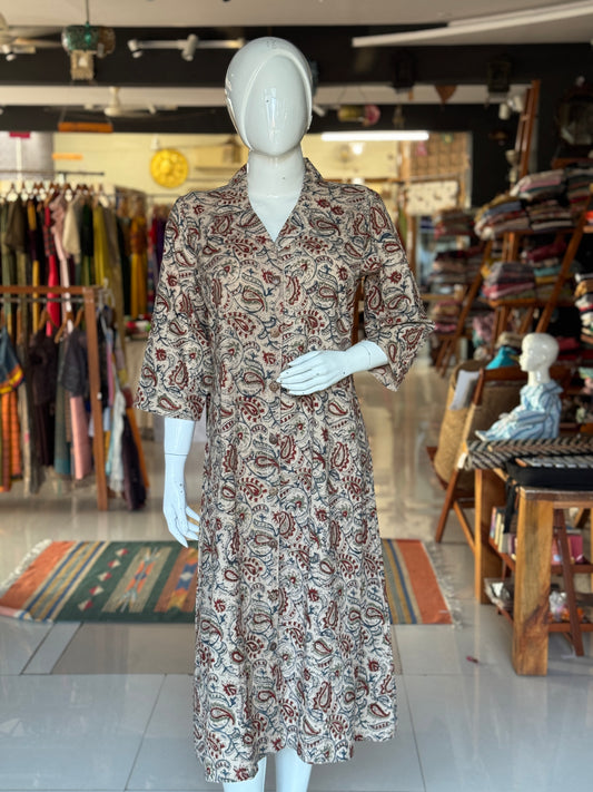 Kalamkari hand block printed collared dress -  Freedom fabric kurti - Hand spun, hand woven, hand block printed cotton