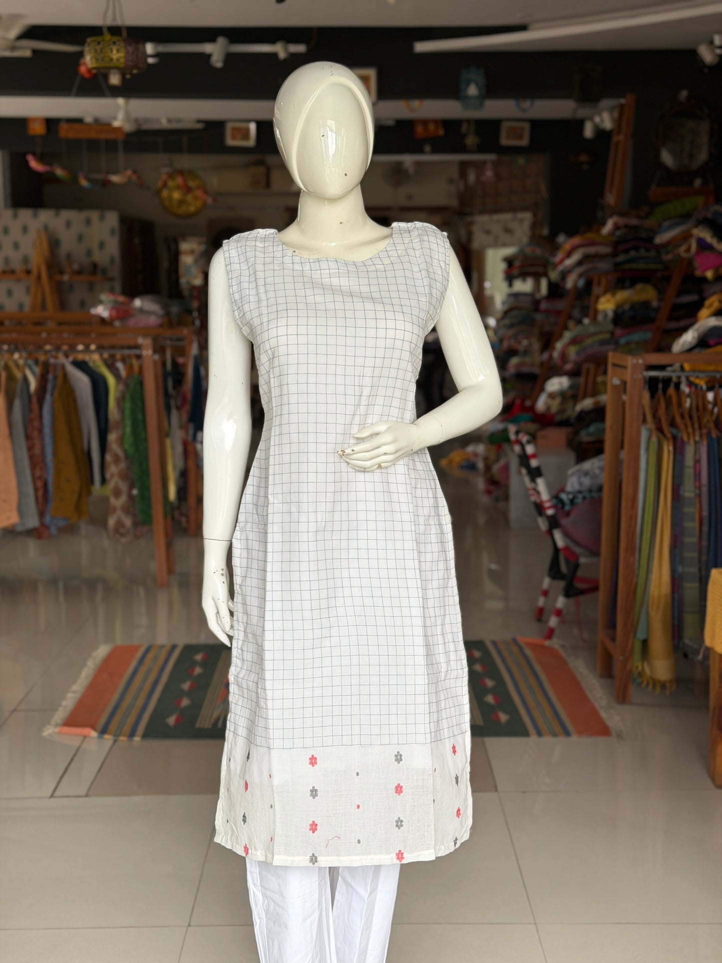 White n blue checks soft cotton handloom Jamdani kurti