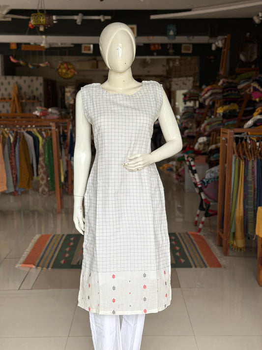 White n blue checks soft cotton handloom Jamdani kurti
