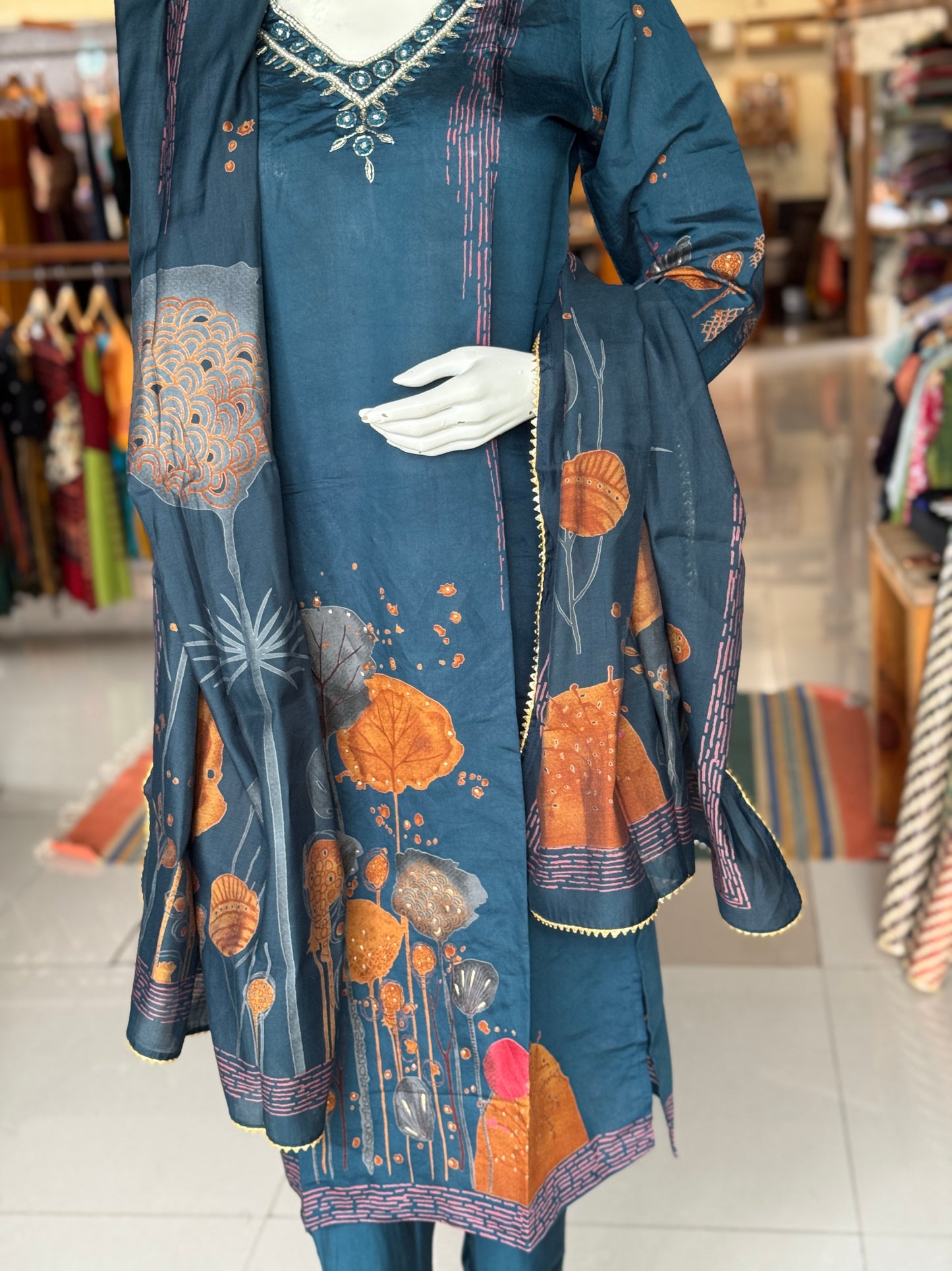 Teal blue panel printed floral modal suit set with matching straight pants and dupatta - 3 piece set