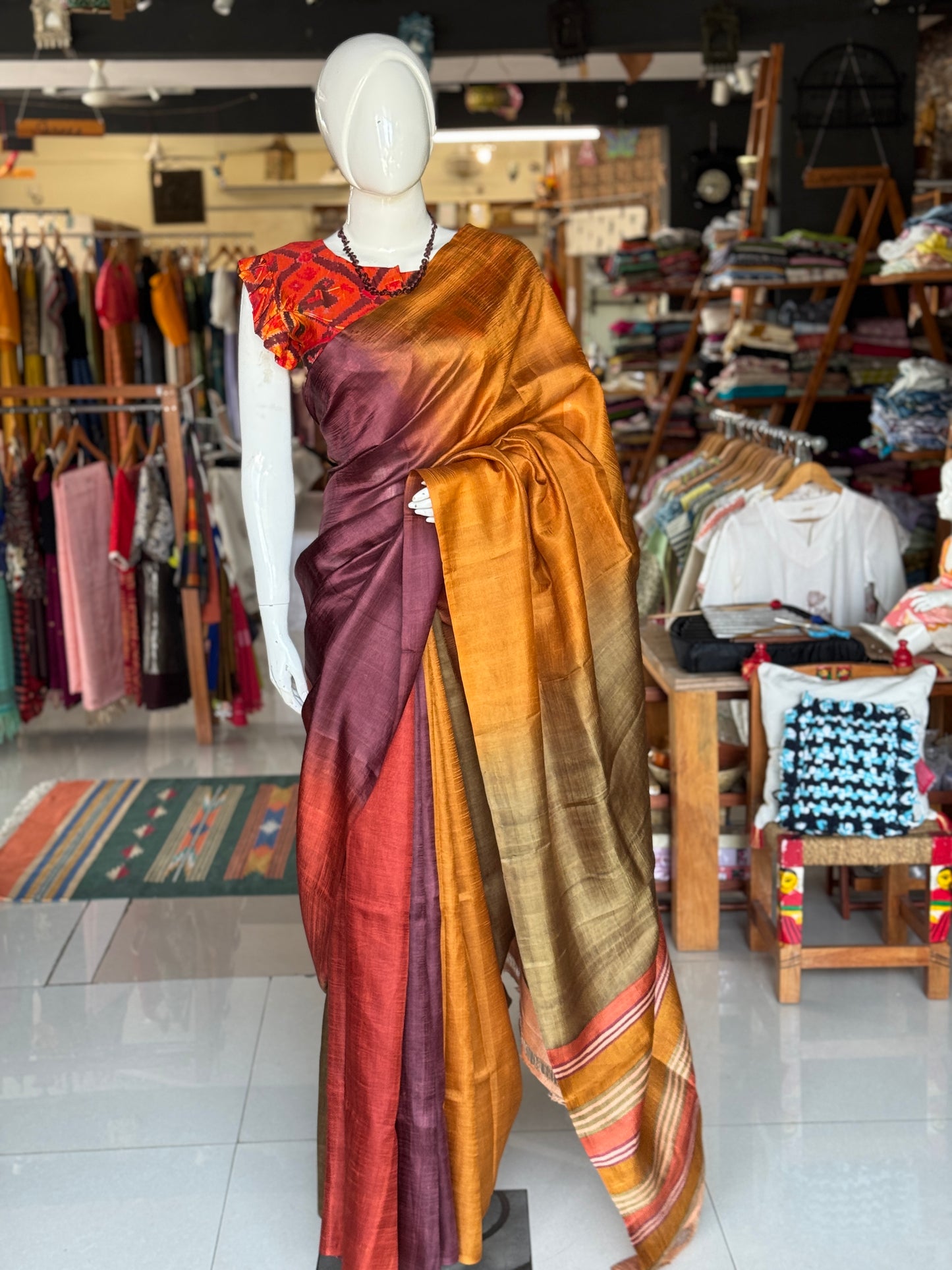 Mustard, green, purple color block pure soft silk saree