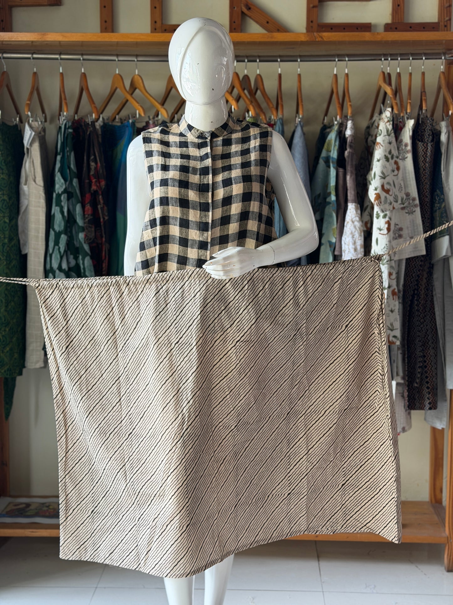 Beige black wavy stripes hand block printed viral jalu cotton skirt - free size with both sides draw string
