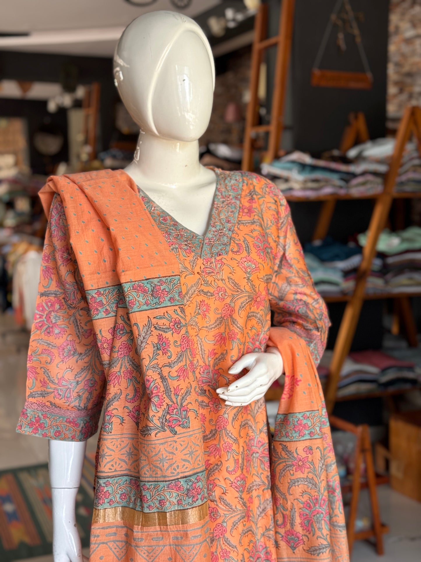 Peachish orange hand block print chanderi hand embroidered straight v-neck kurti, pants and dupatta - 3 piece suit set
