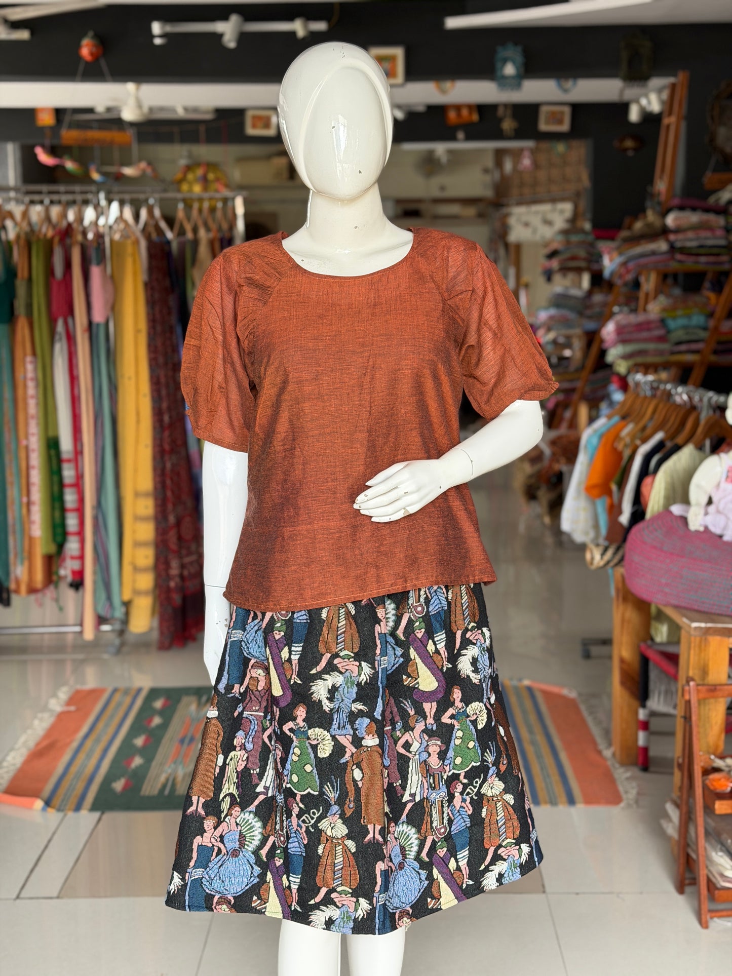 Brown soft mul handwoven cotton top with gathers near neck line
