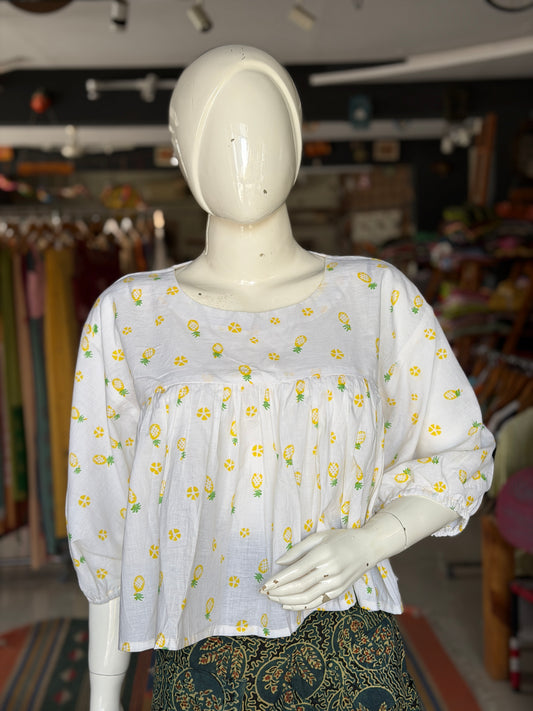 White pineapple hand block print fancy sleeves cotton top
