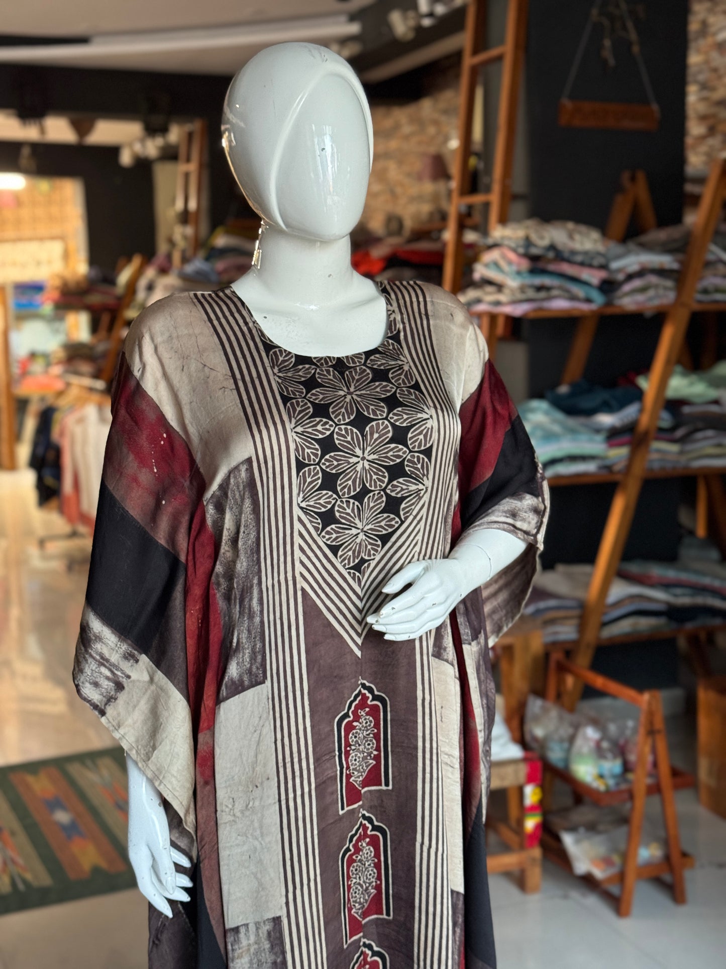 Beige n maroon stripes modal hand block printed, natural dyed Ajrakh kaftan