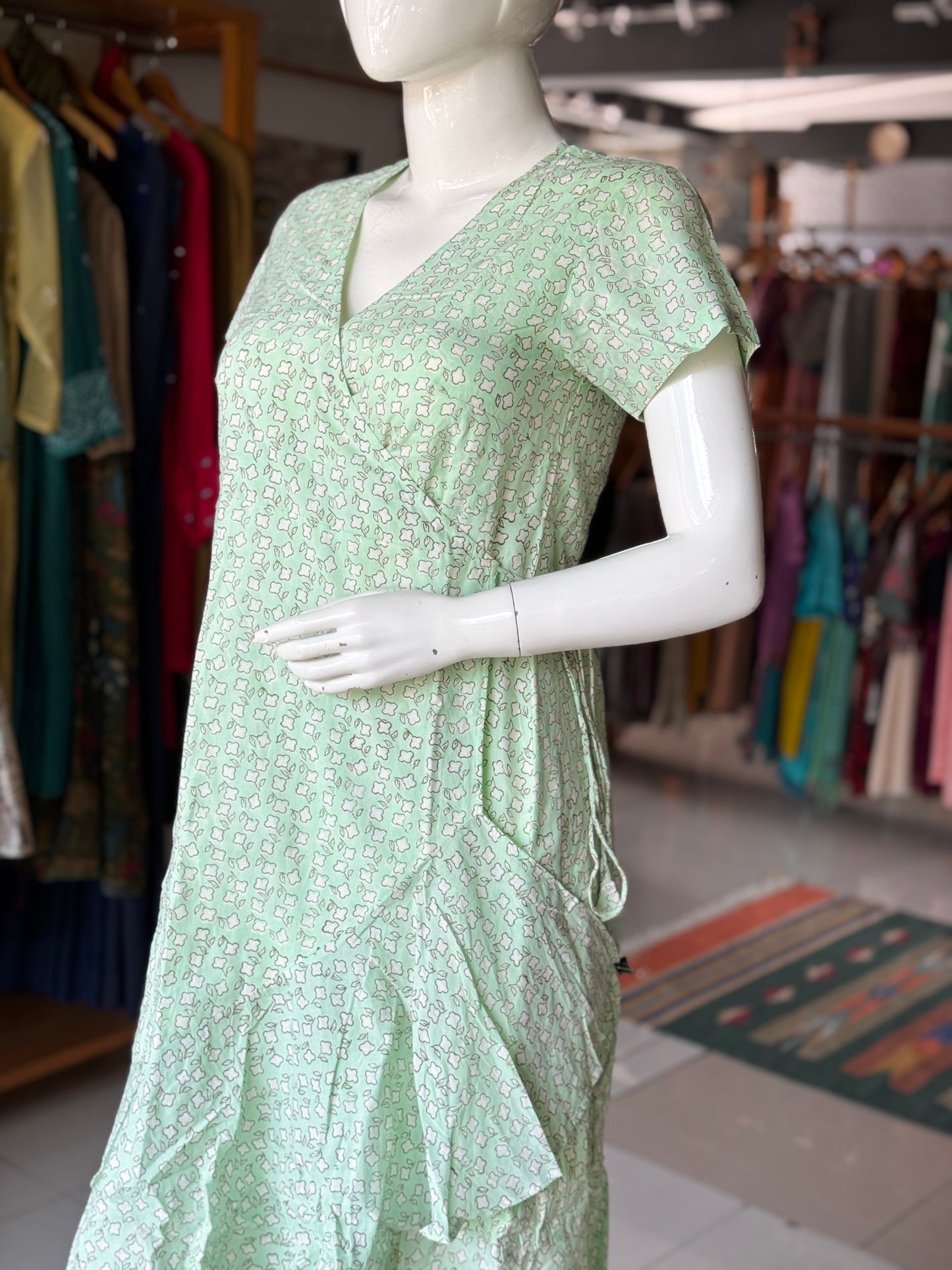 Mint green hand block printed wrap style cotton dress