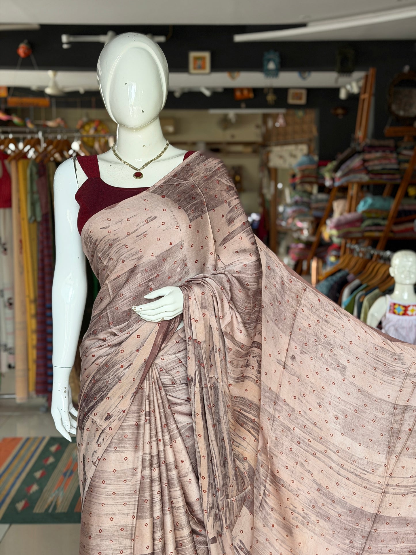 Dusty pink soft modal yardage saree / fabric - hand block printed, brush painted
