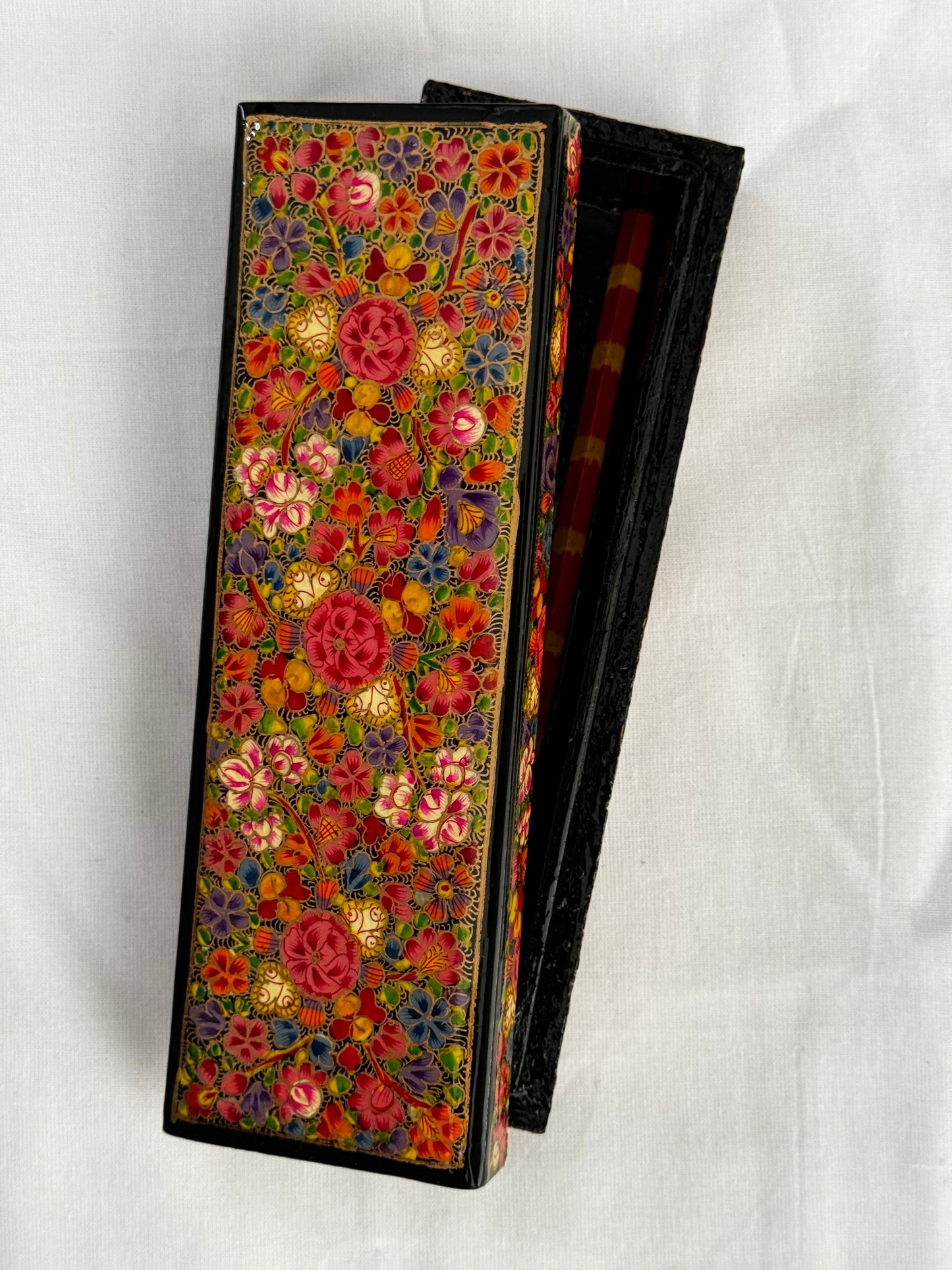 Kashmiri hand painted Papier mache pencil / jewelry box