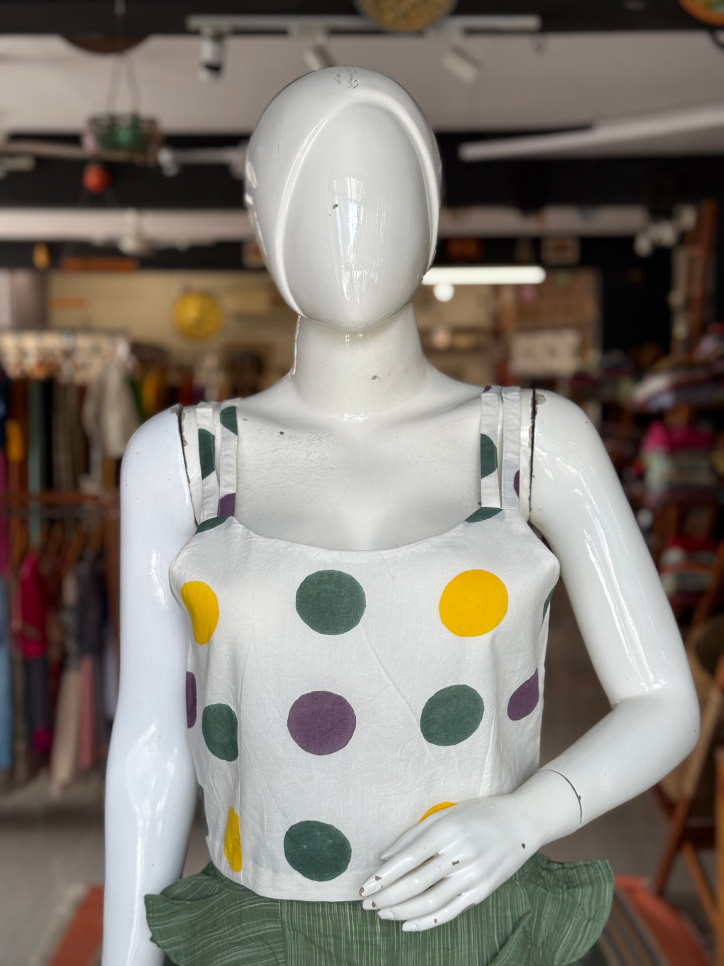 Strappy crop top with colorful circles on white base - cotton hand block printed