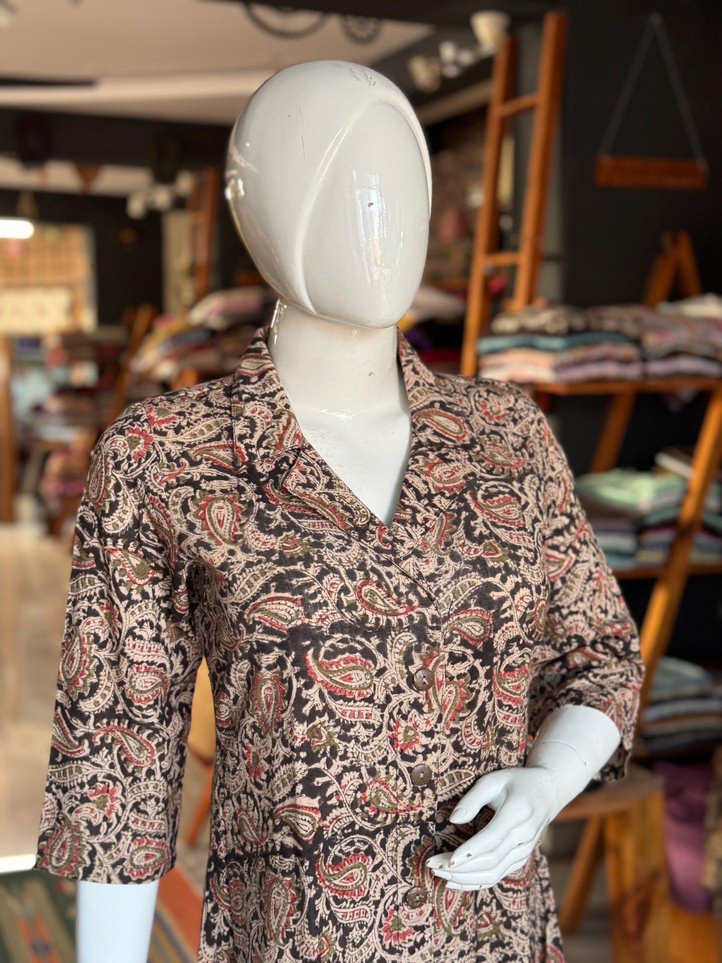 Kalamkari hand block printed collared dress -  Freedom fabric kurti - Hand spun, hand woven, hand block printed cotton