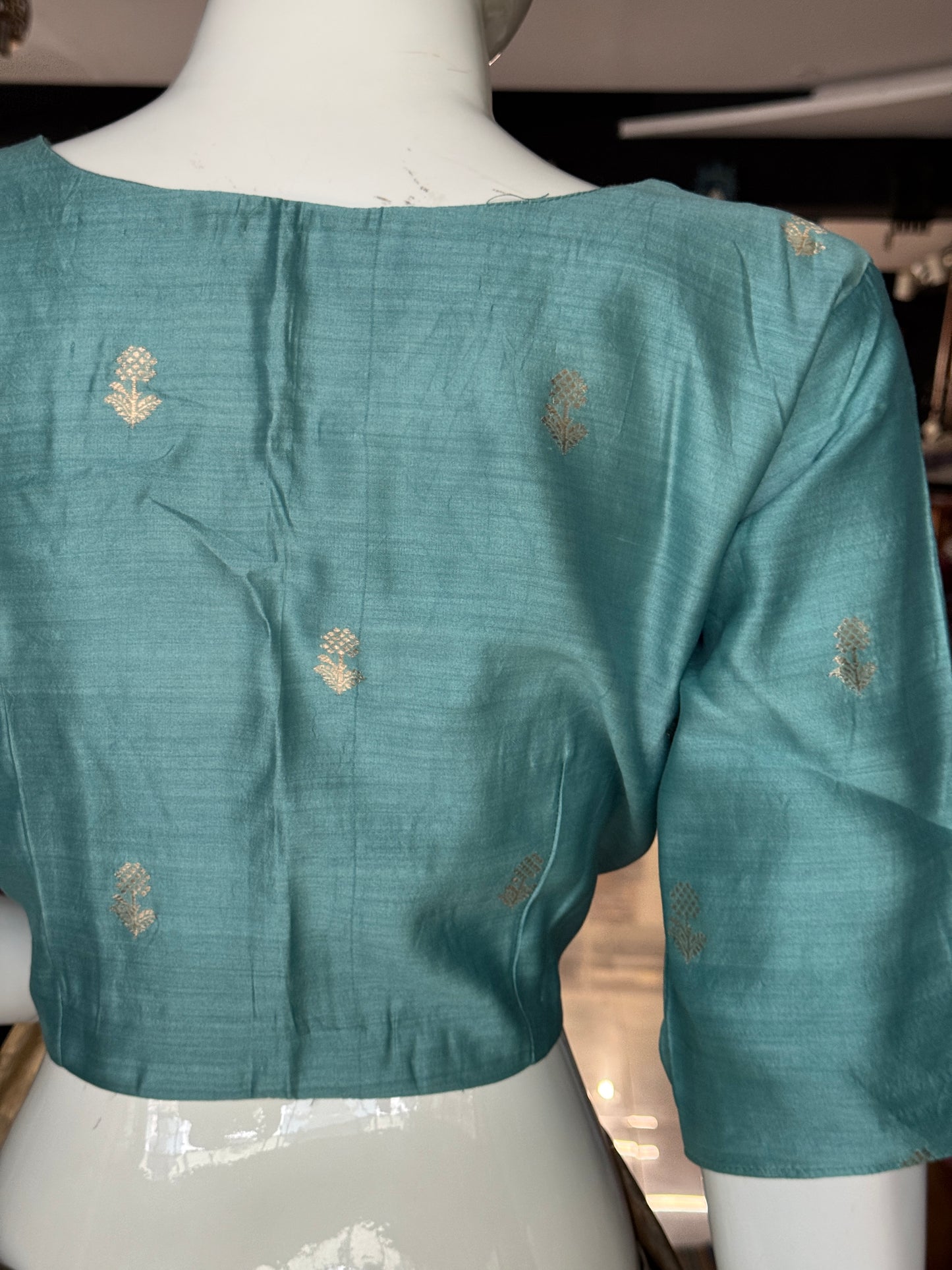 Pastel blue hand woven pure silk blouse with flower butis - front open, with lining