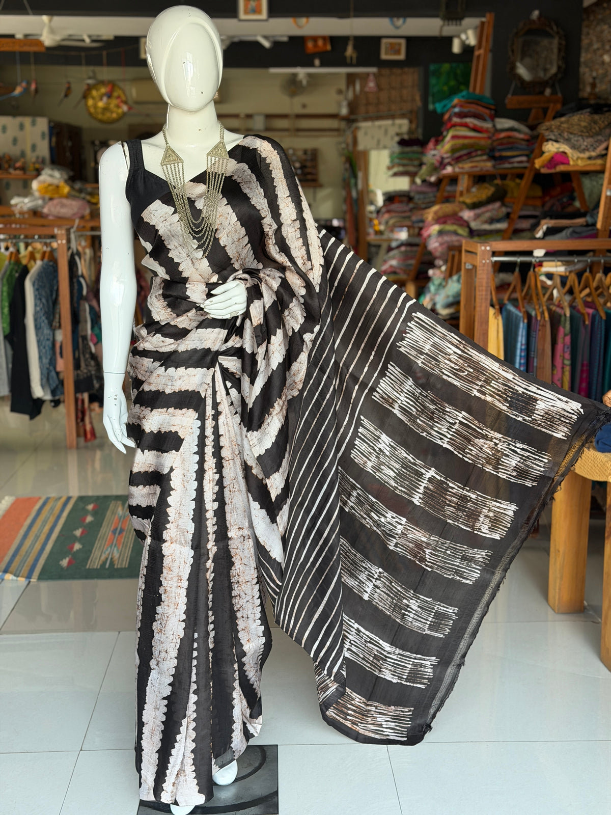 Black brown hand painted, hand batik soft 3 ply Murshidabad silk saree