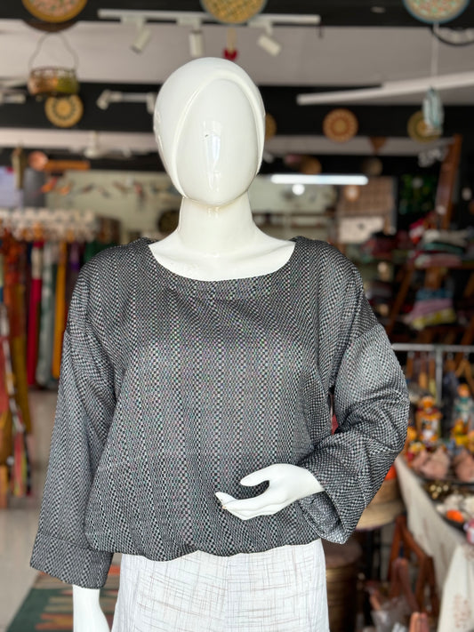 Black handloom self checks cotton top for women with elastic hem