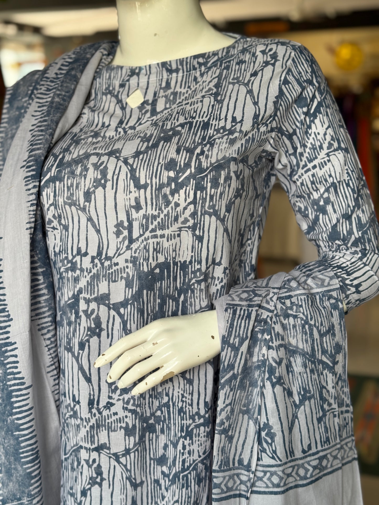 Greyish blue leaf pattern soft batik cotton a-line kurta, dupatta and pants -  3 piece suit set