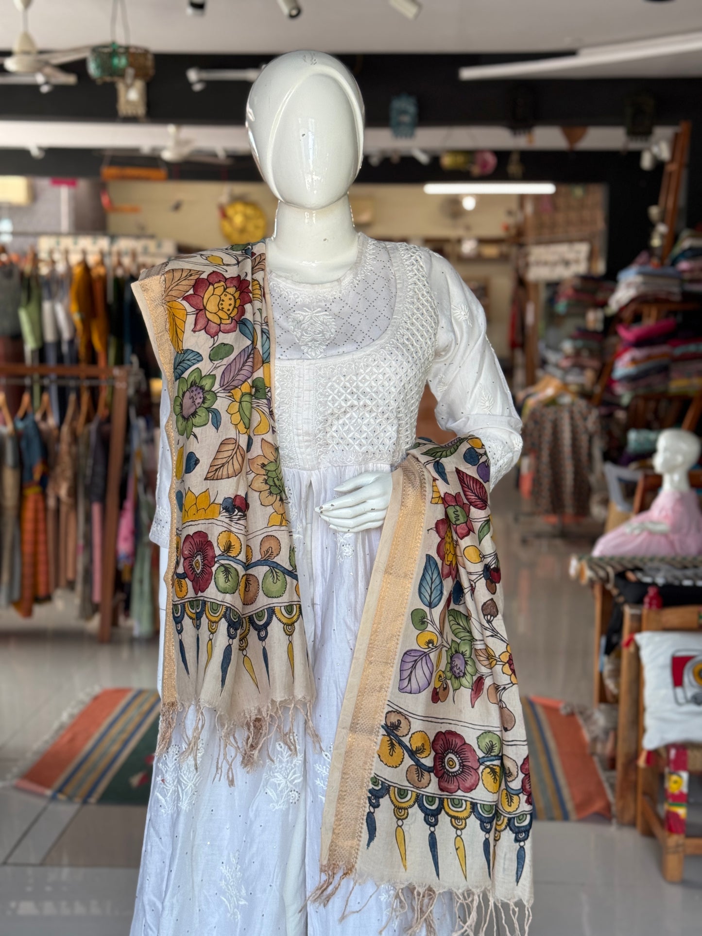 Colorful floral handpainted on Cream base Bangalore silk dupatta