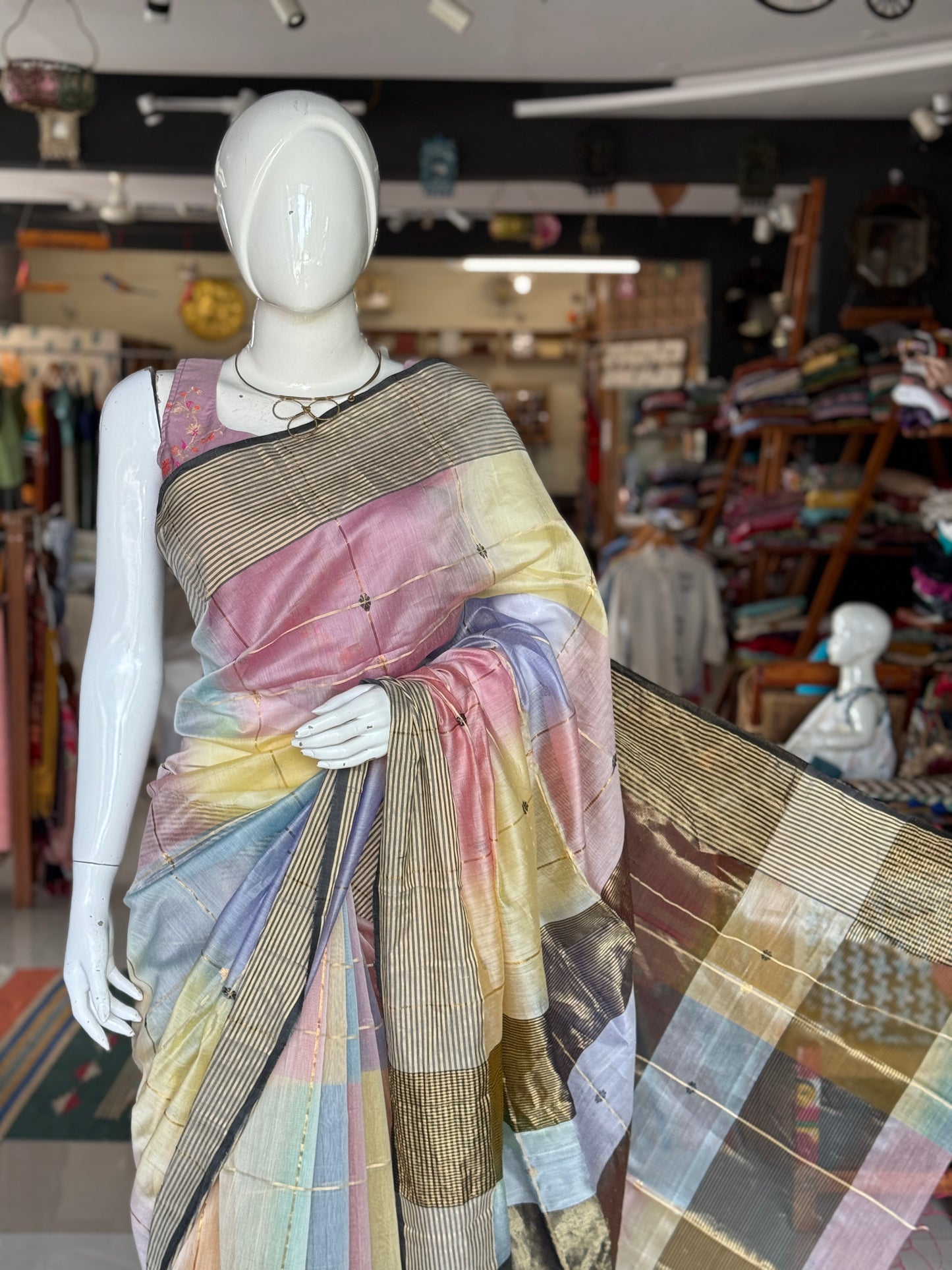 Multi color star buti stripes silk cotton Maheshwari handloom saree