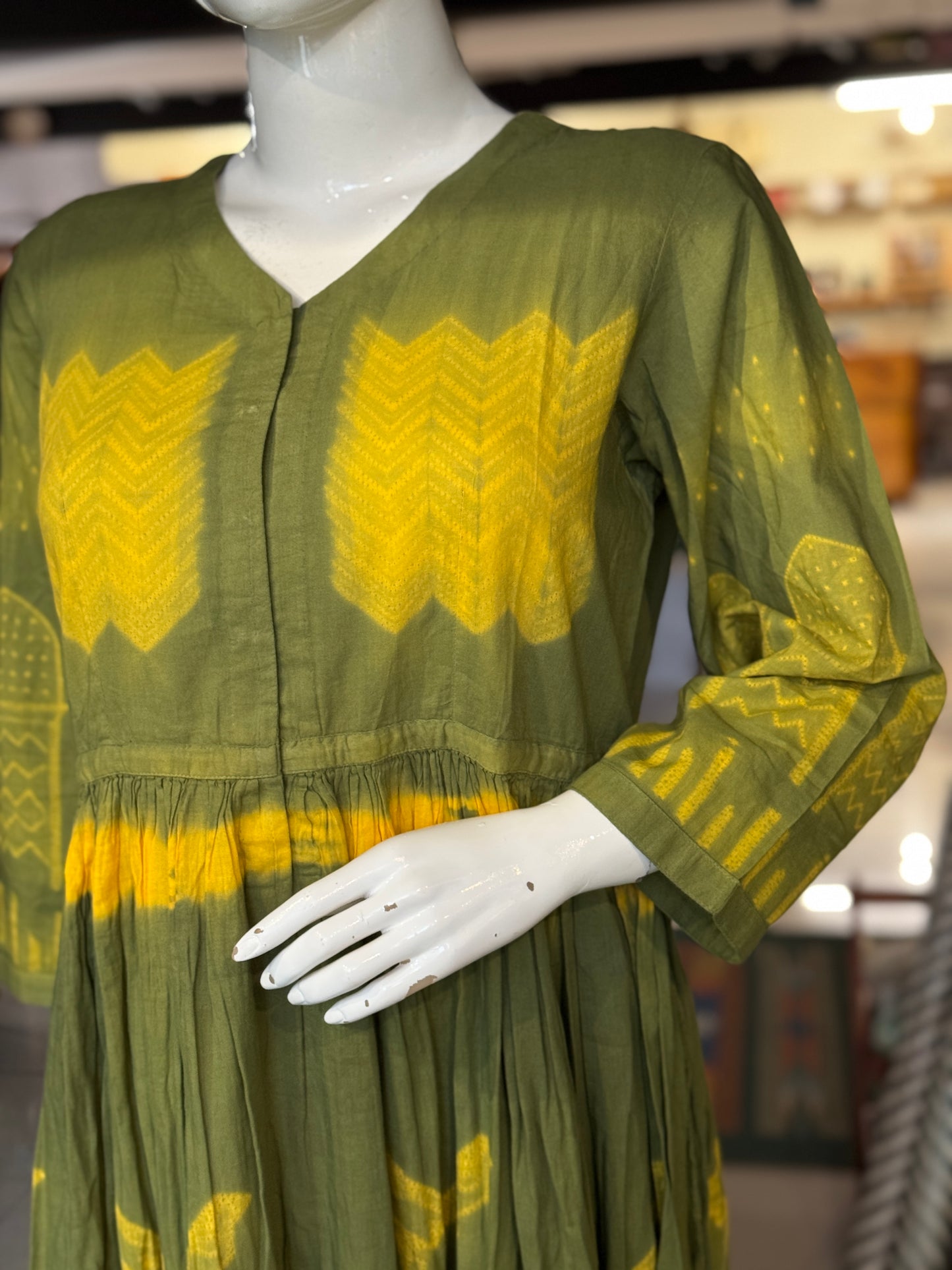 Green and yellow Shibori needle tie n dye cotton dress with draw string waist