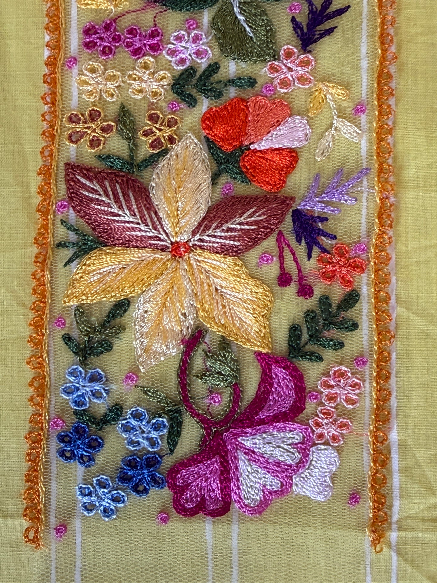 Yellow flowers and leaves embroidered patch border on yellow net base
