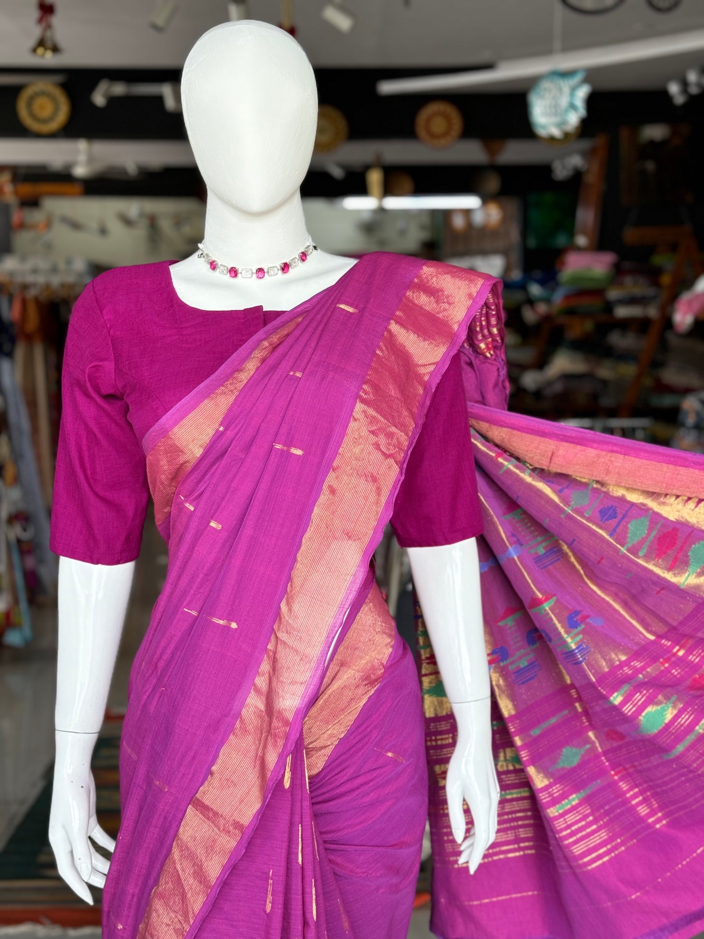 Cotton handloom Paithani saree with muniya buttis all over