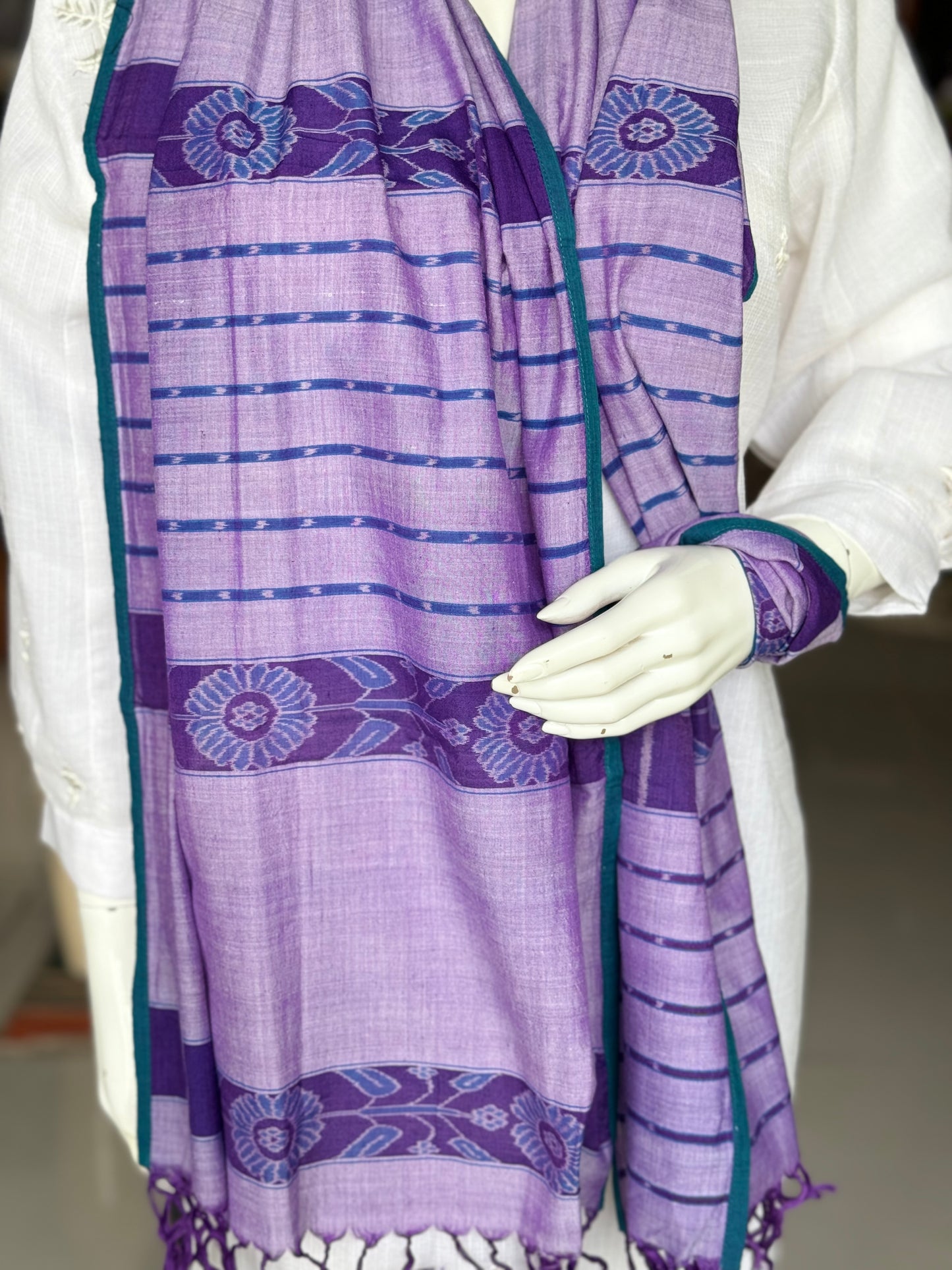 Lavender soft cotton handloom ikat stole with floral and stripes tie n dye design