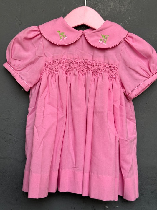 Pink smocking cotton frock for girls with embroidery on collar