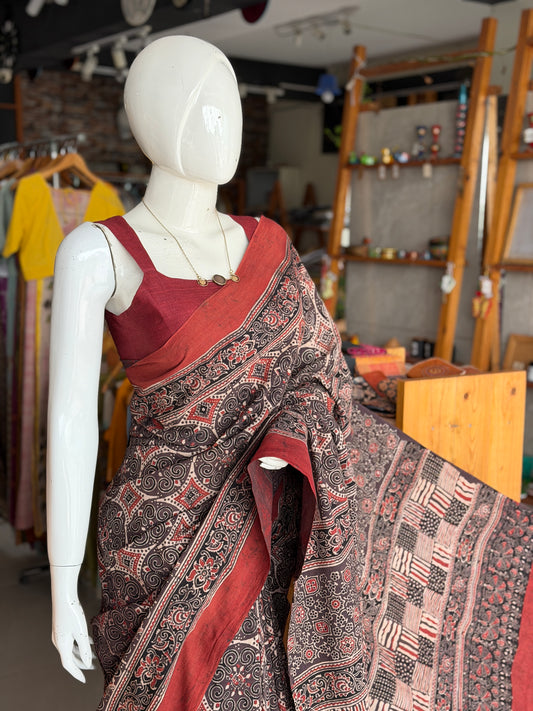 Rust brown and black circles Ajrakh hand block printed 60s cotton saree