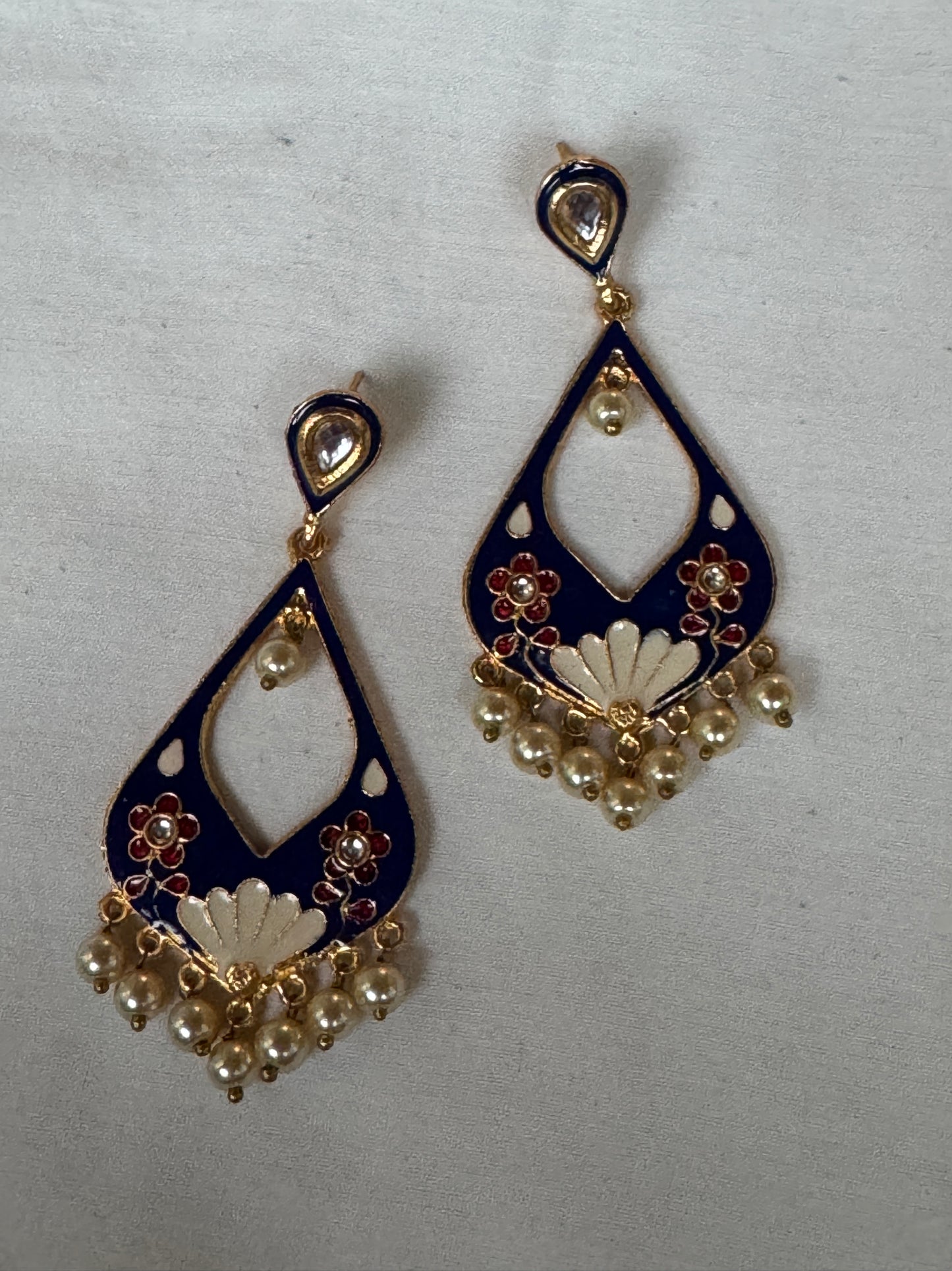 Blue enamel gold tone brass earrings with pearl beads drops