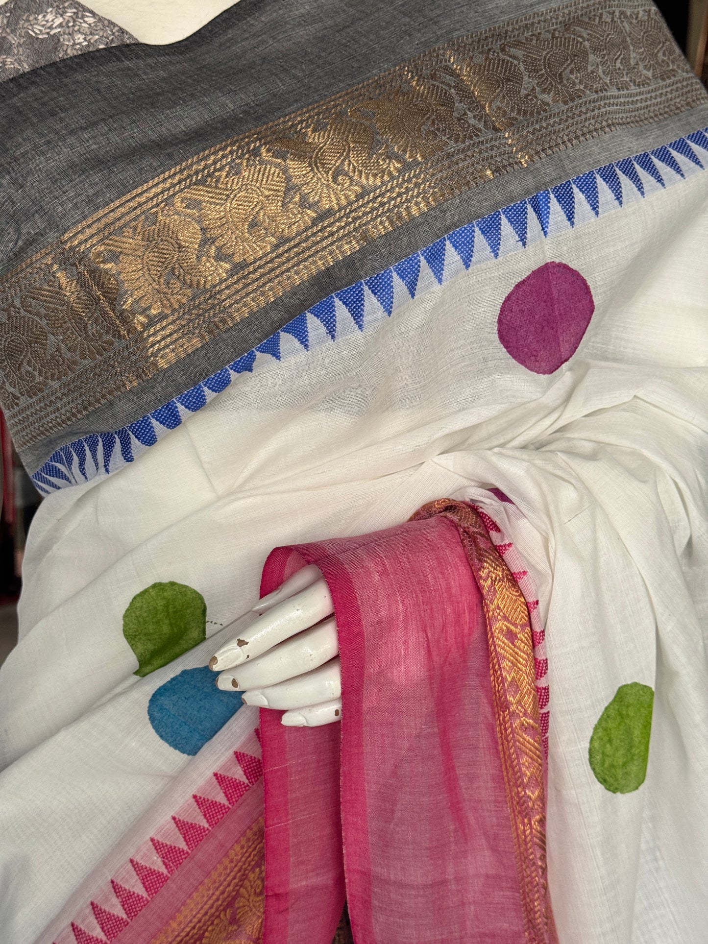 White hand block printed Chettinad cotton saree - colorful circles design