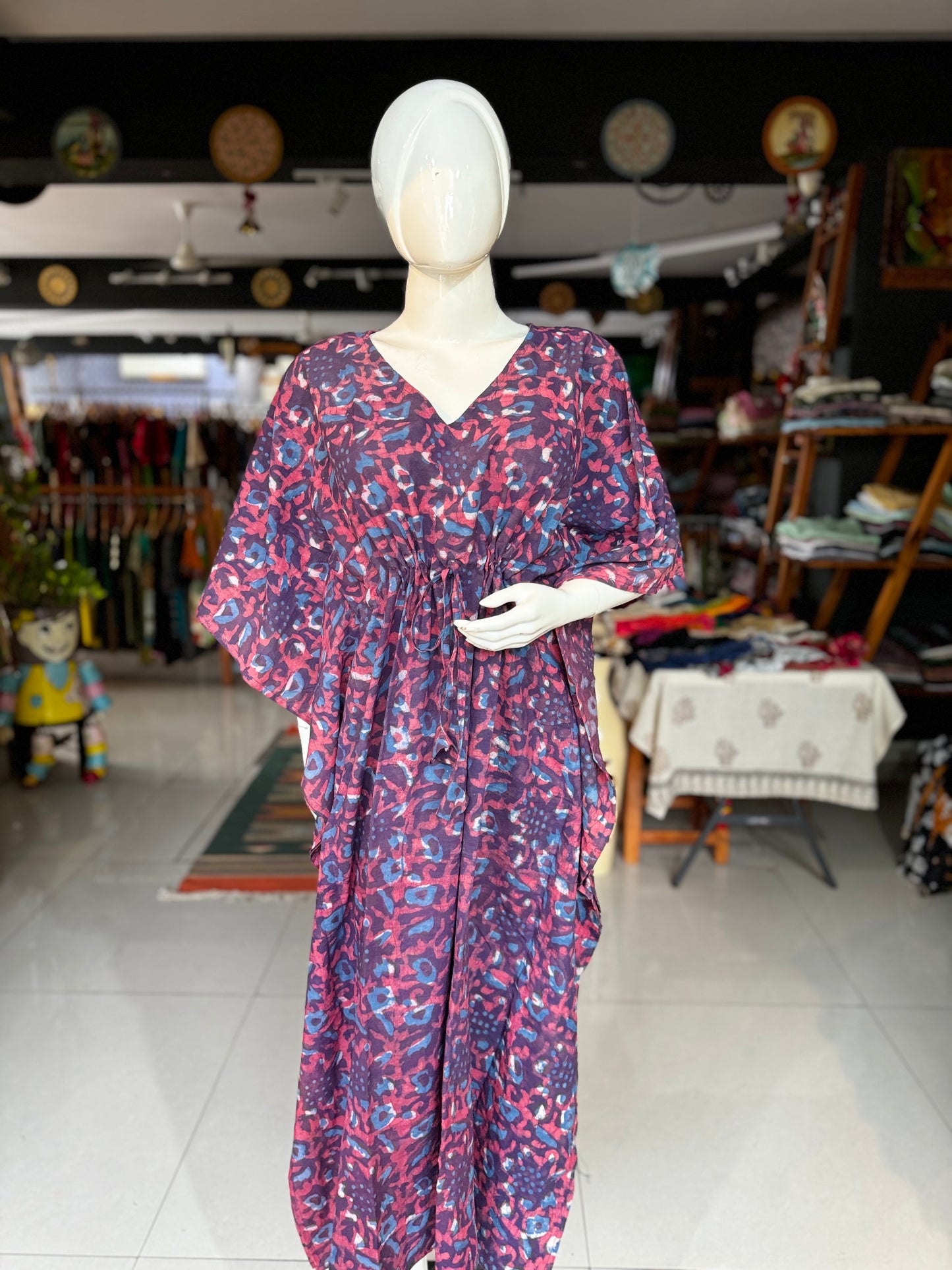 Hand block printed cotton long kaftan nighty