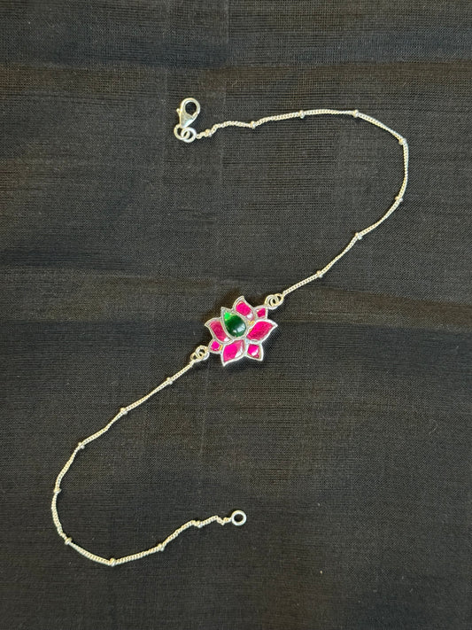 Pink and green lotus charm 92.5 sterling silver anklet (single)