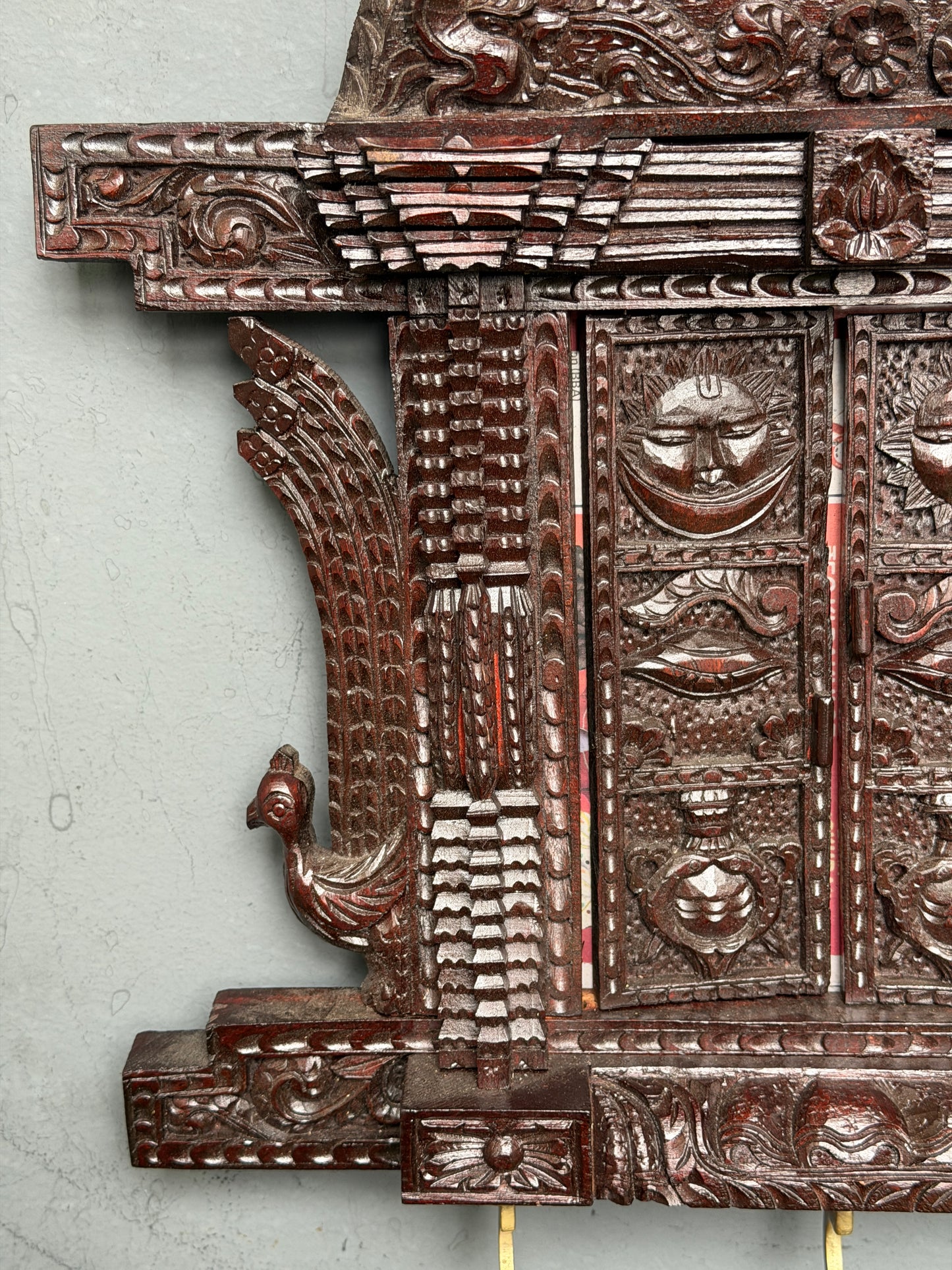 Intricate carved wood Jharokha wall decor - key hanger cum photo frame cub decorative - hand crafted wall decor with 2 little doors