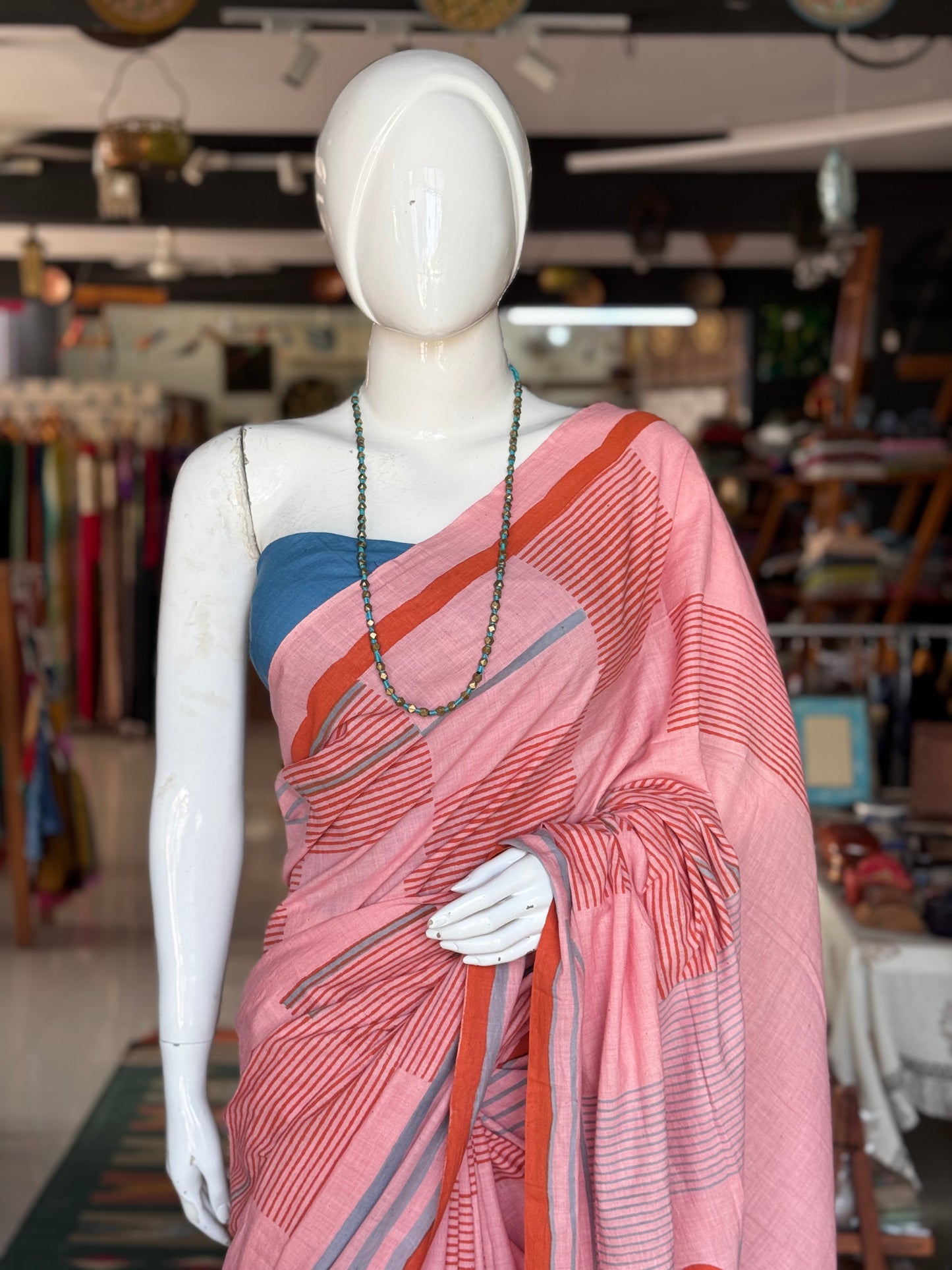 Pink orange circles and stripes cotton hand spun, hand woven, hand block printed saree