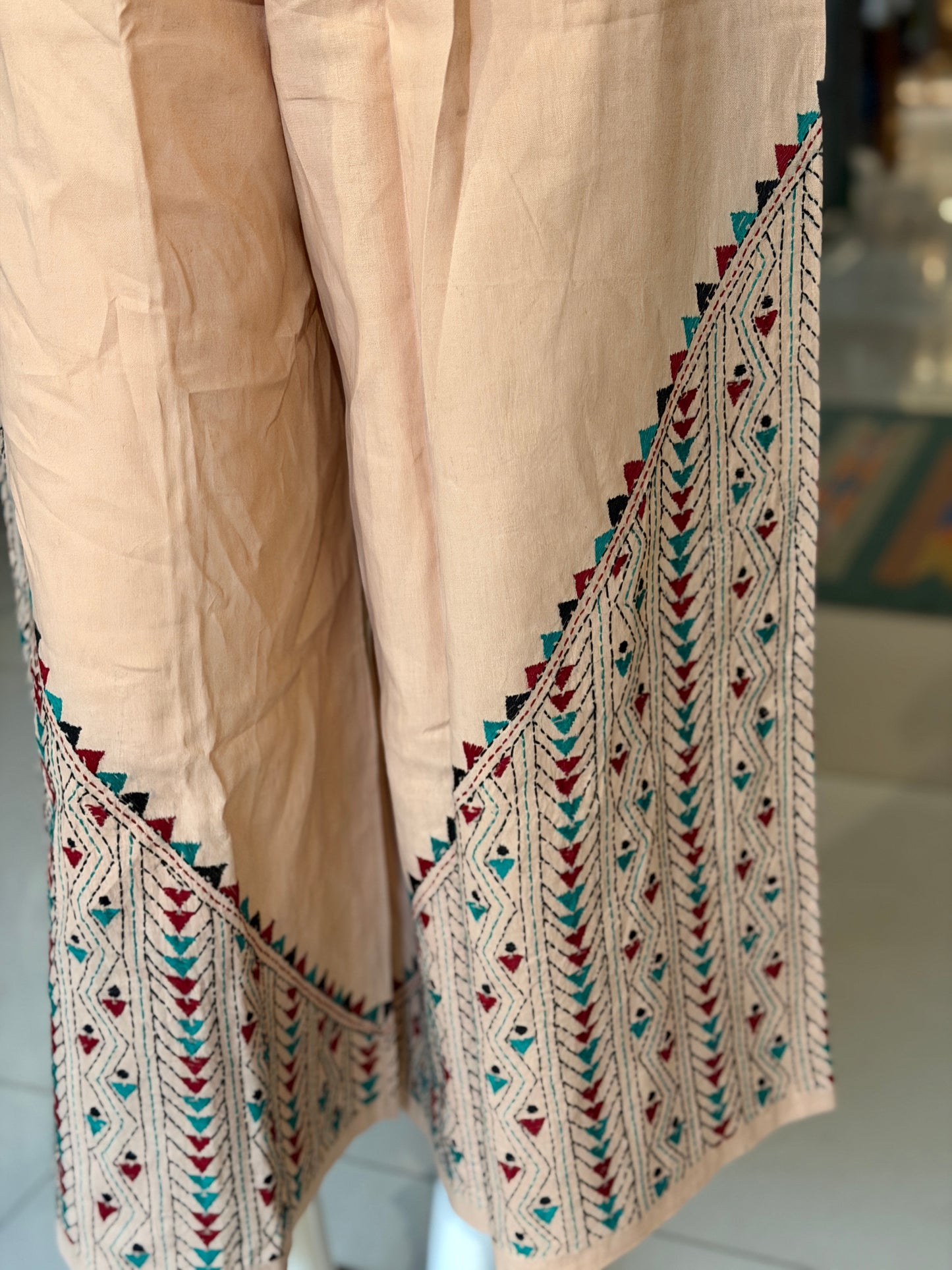Kantha hand embroidered cotton poplin free size plazo with front pocket