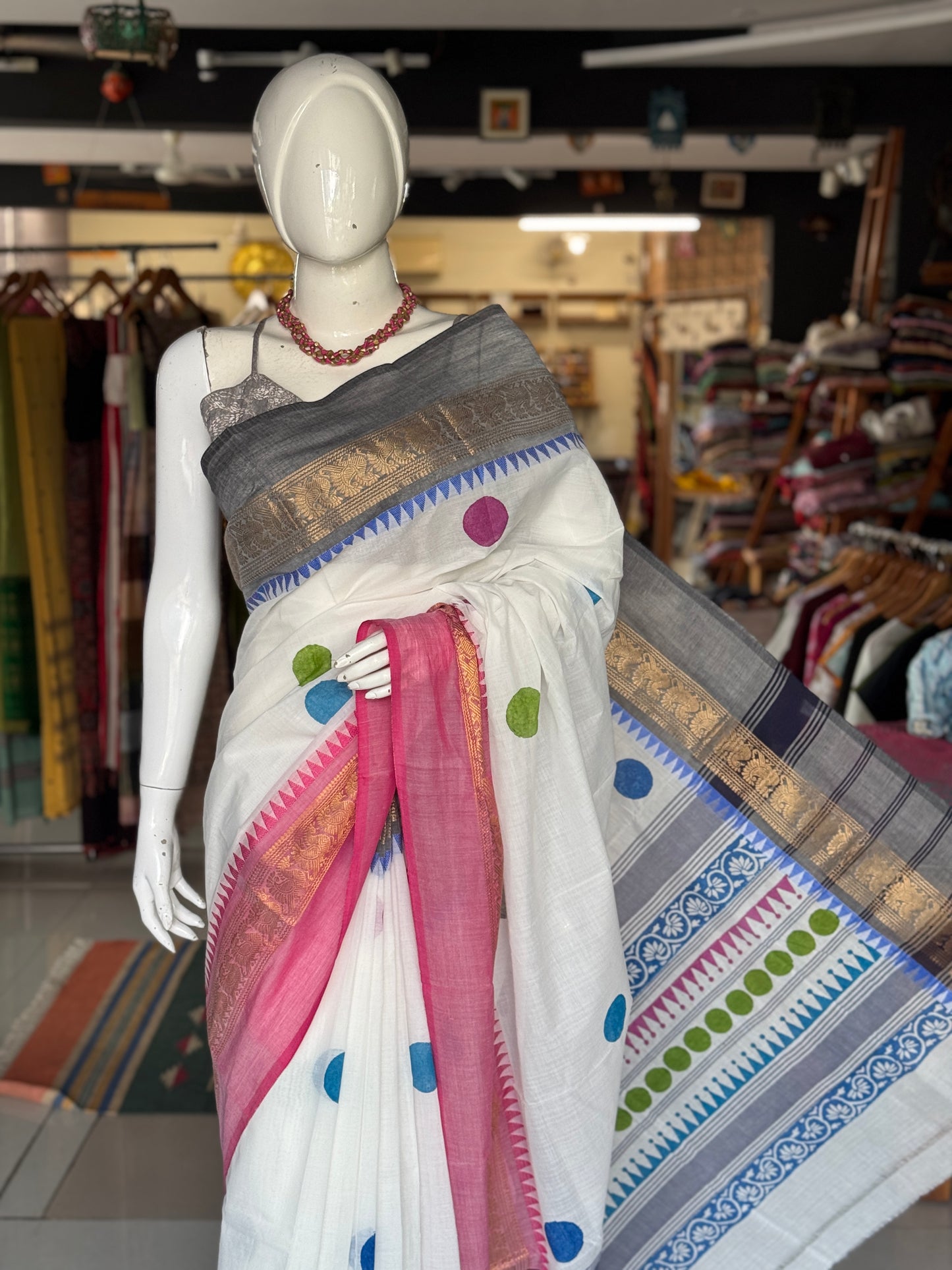 White hand block printed Chettinad cotton saree - colorful circles design