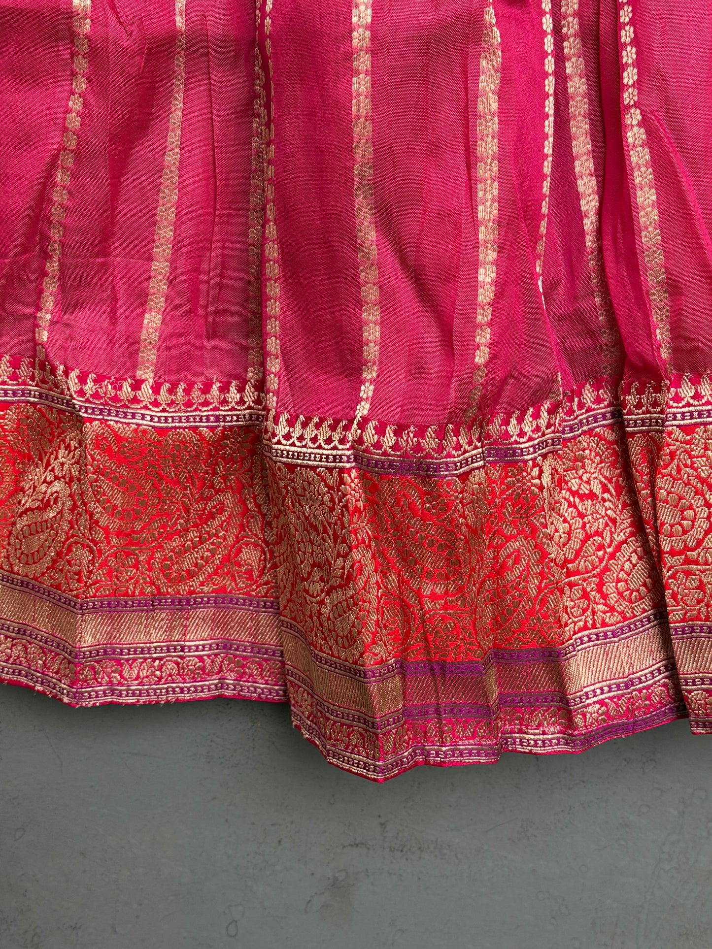 Pink with Zari stripes and cream blouse handwoven pure silk lehenga (pattu langa jacket) blouse set