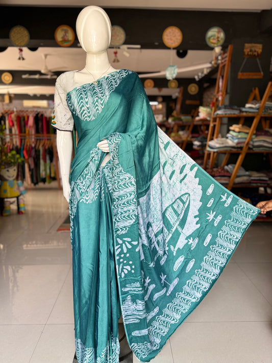Sea green hand batik soft and flowy modal saree - lady and lotus pond palla