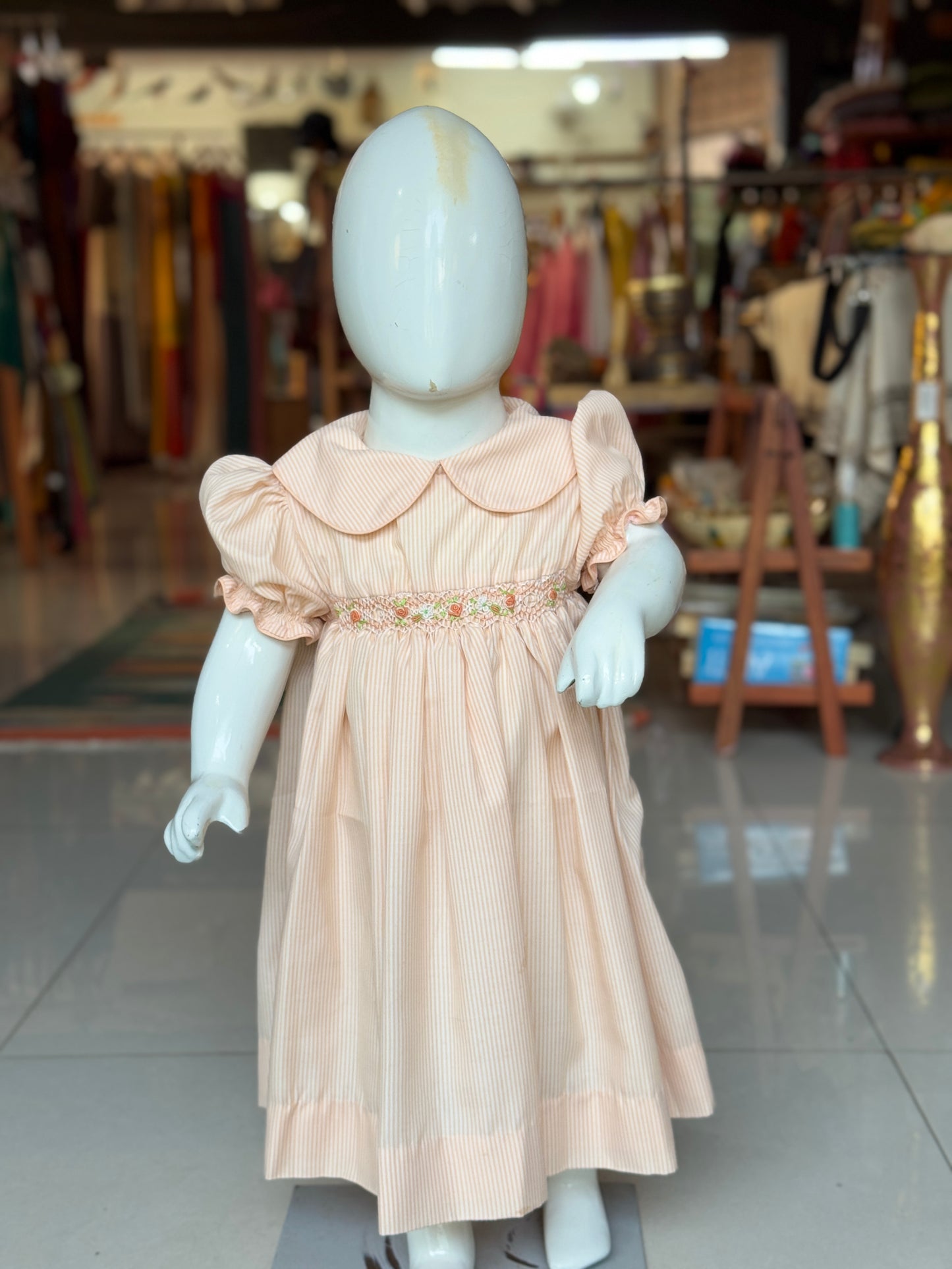 Peach stripes smocking cotton frock with hand embroidery