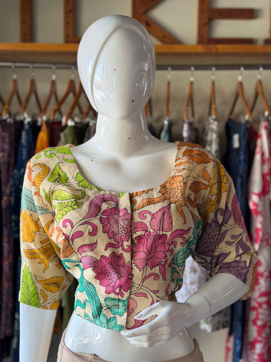 Colorful leaves and flowers - Cream Pen Kalamkari hand painted silk blouse