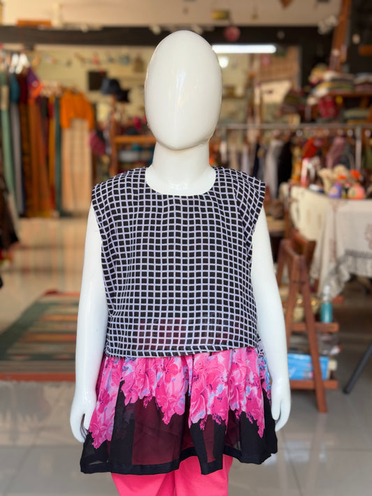 Black checks with floral hemline layered top in georgette for girls