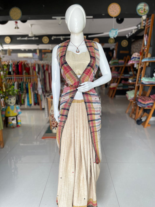 Natural dyed tussar x kala cotton hand woven Bhujodi saree with mirror embroidery