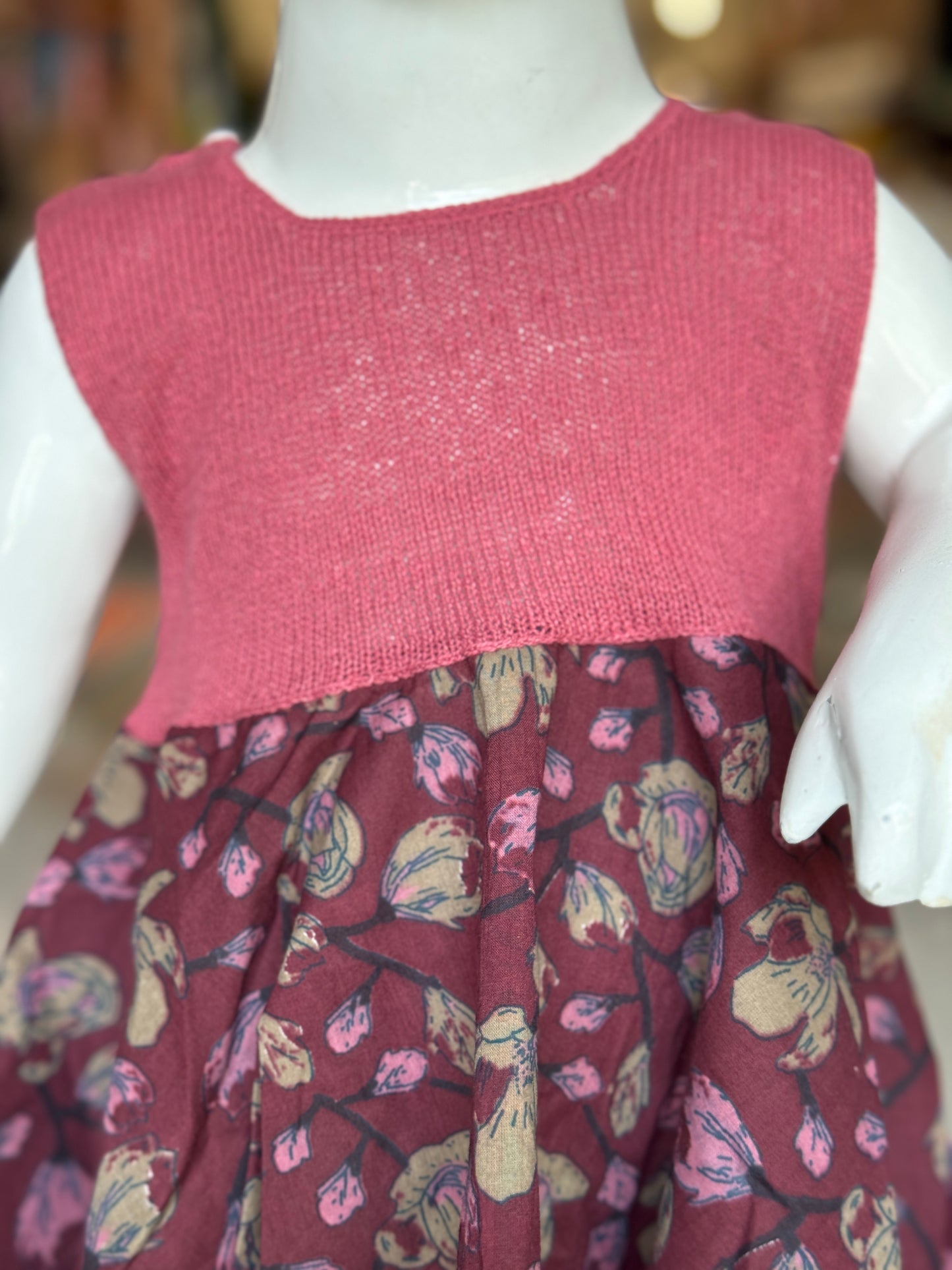 Crochet hand work yoke with hand block printed kerchief cut soft cotton frock